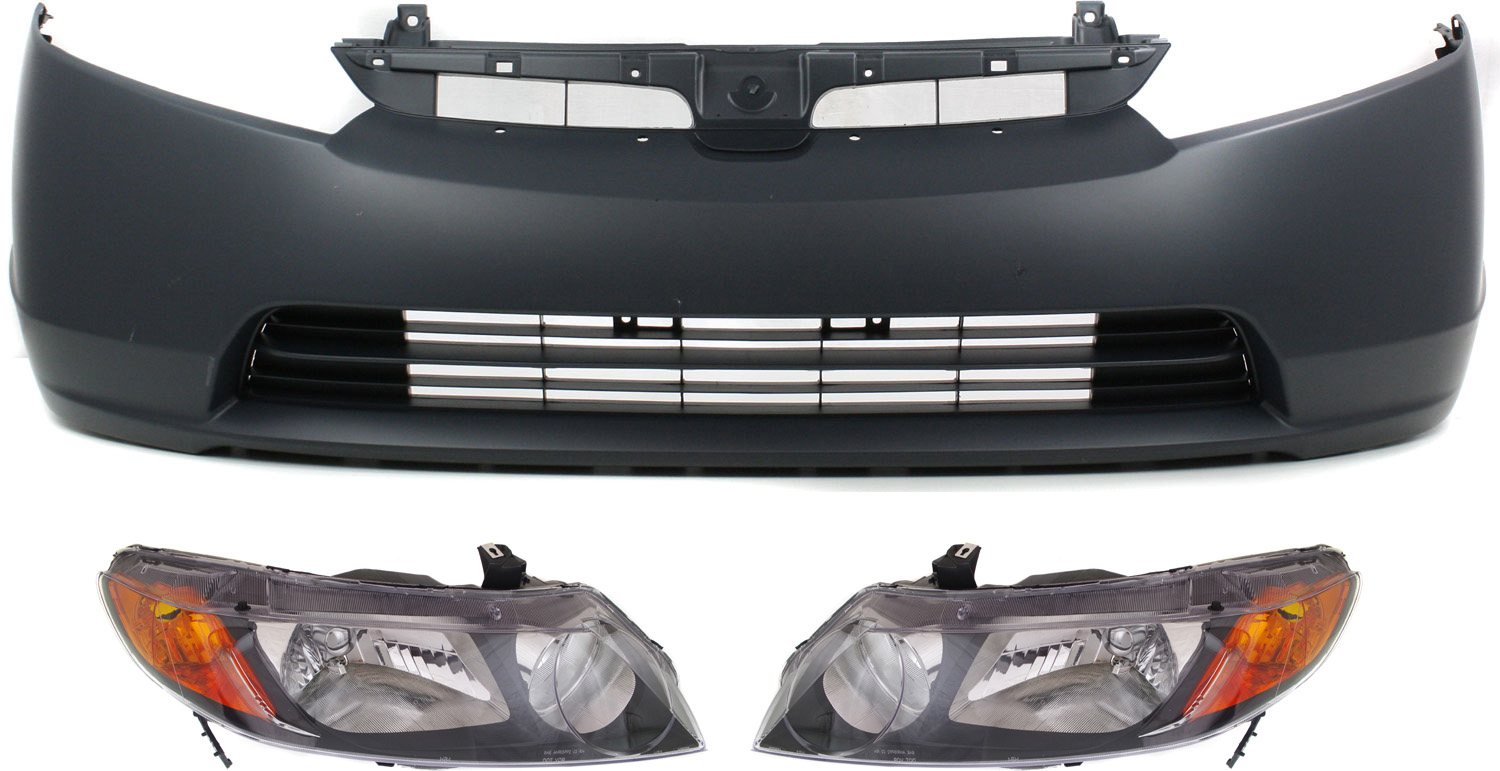 AM CIVIC 07-08 FRONT BUMPER COVER 3 pc Kit with Headlights Sedan except Mugen Models SKU KIT 030418-69 Partslink HO1000259 HO2502125 HO2503125 OEM 04711SNXA90ZZ 33151SNAA02-3310