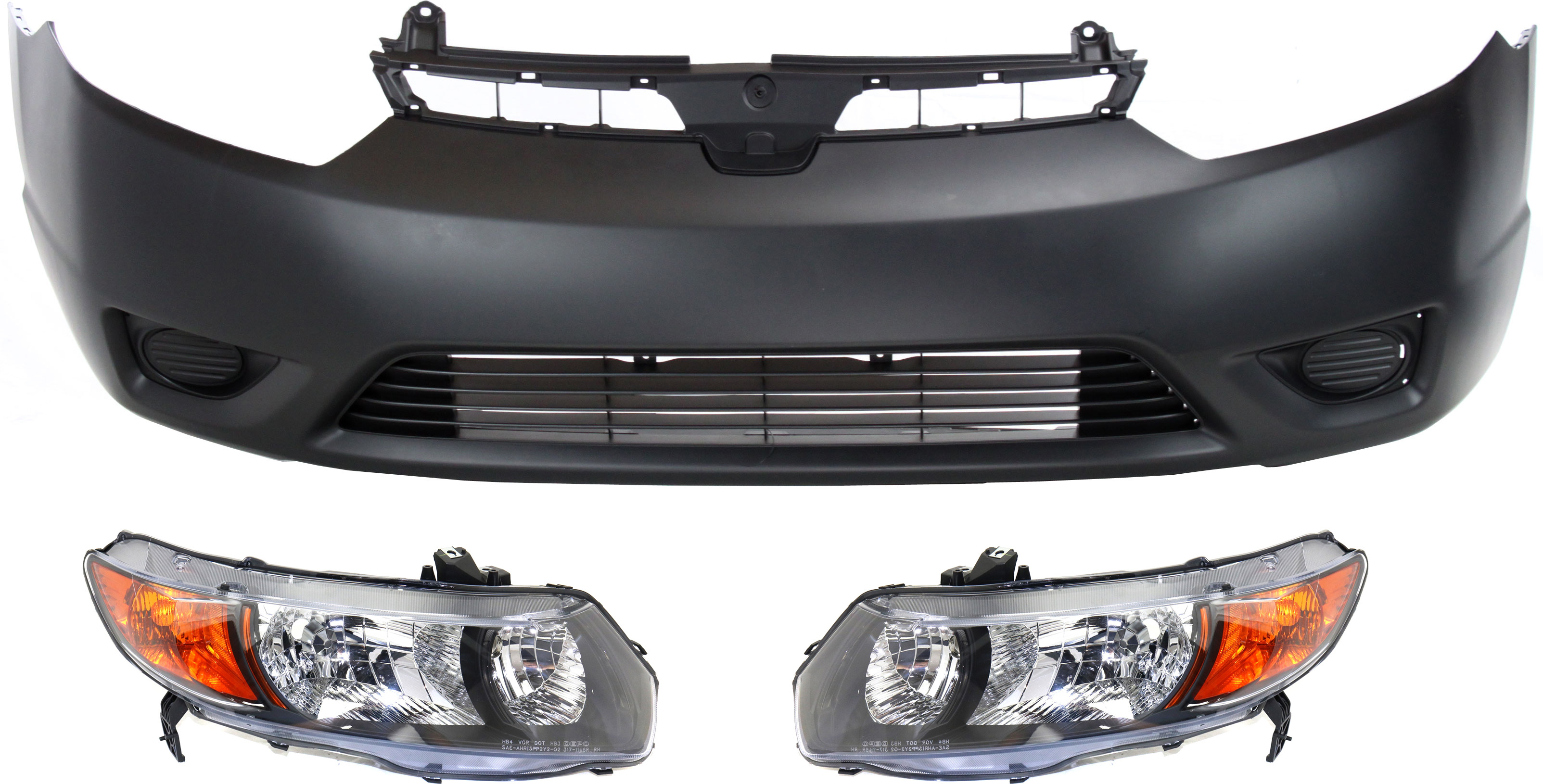 AM CIVIC 06-08 HEAD LAMP RH AND LH Lens and Housing Halogen 3 pc Kit with Bumper Cover SKU KIT 030418-74 Partslink HO2519111 HO2518111 HO1000237 OEM 33101SVAA02-33151SVAA01-04711S