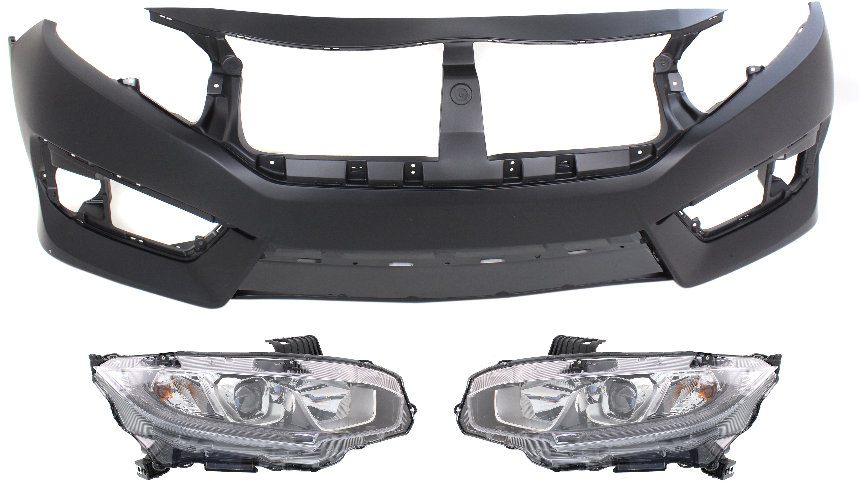AM CIVIC 16-18 HEAD LAMP RH AND LH Assembly Halogen 3 pc Kit with Bumper Cover SKU KIT 030418-81 Partslink HO2502173 HO2503173 HO1000306 OEM 33100TBAA01-33150TBAA01-04711T