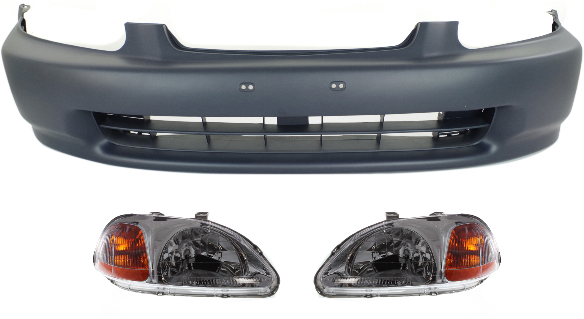 AM CIVIC 96-98 FRONT BUMPER COVER 3 pc Kit with Headlights Coupe Sedan Hatchback SKU KIT 030418-82 Partslink HO1000172 HO2518101 HO2519101 OEM 04711S01A00ZZ 33151S01305-3315