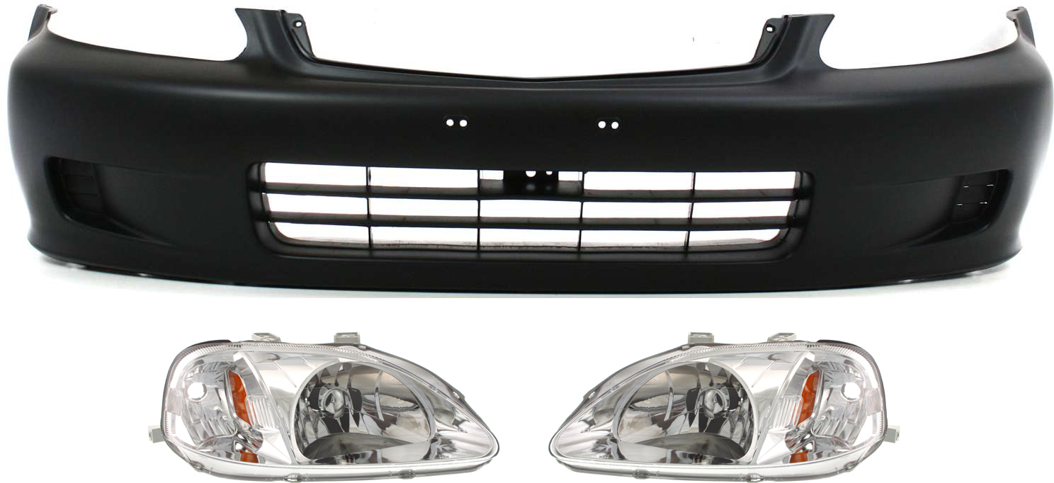 AM CIVIC 99-00 FRONT BUMPER COVER Primed 3 pc Kit with Headlights Coupe Sedan Hatchback SKU KIT 030418-83 Partslink HO1000184 HO2502113 HO2503113 OEM 04711S01A01ZZ 33151S01A02-3310