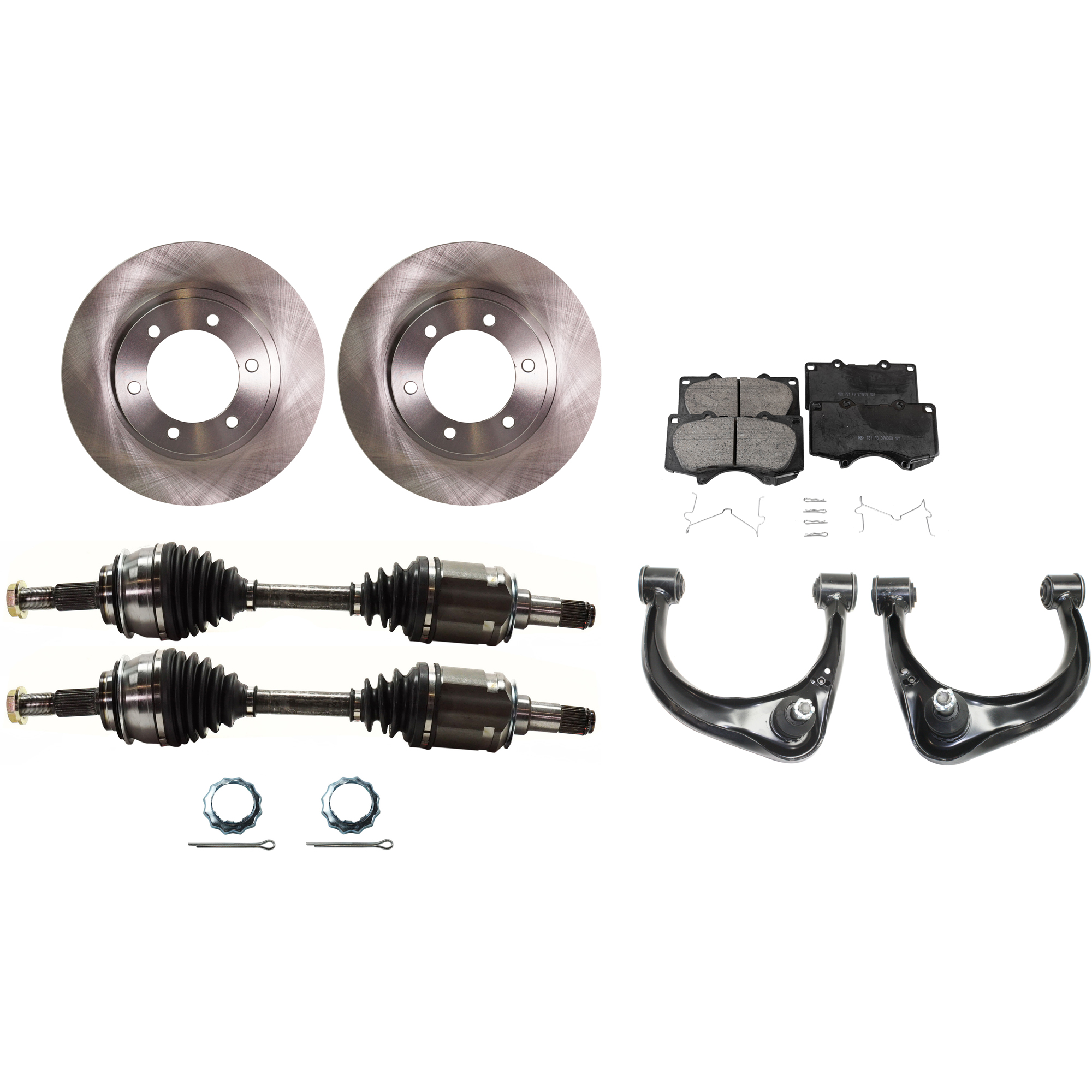 AM 4RUNNER 03-09 FJ CRUISER 07-14 FRONT CV AXLE ASSEMBLY RH AND LH 7 pc Kit with Brake Discs Brake Pad Set and Control Arms SKU KIT 030422-0009 OEM 4351235320-4351235321-04465040