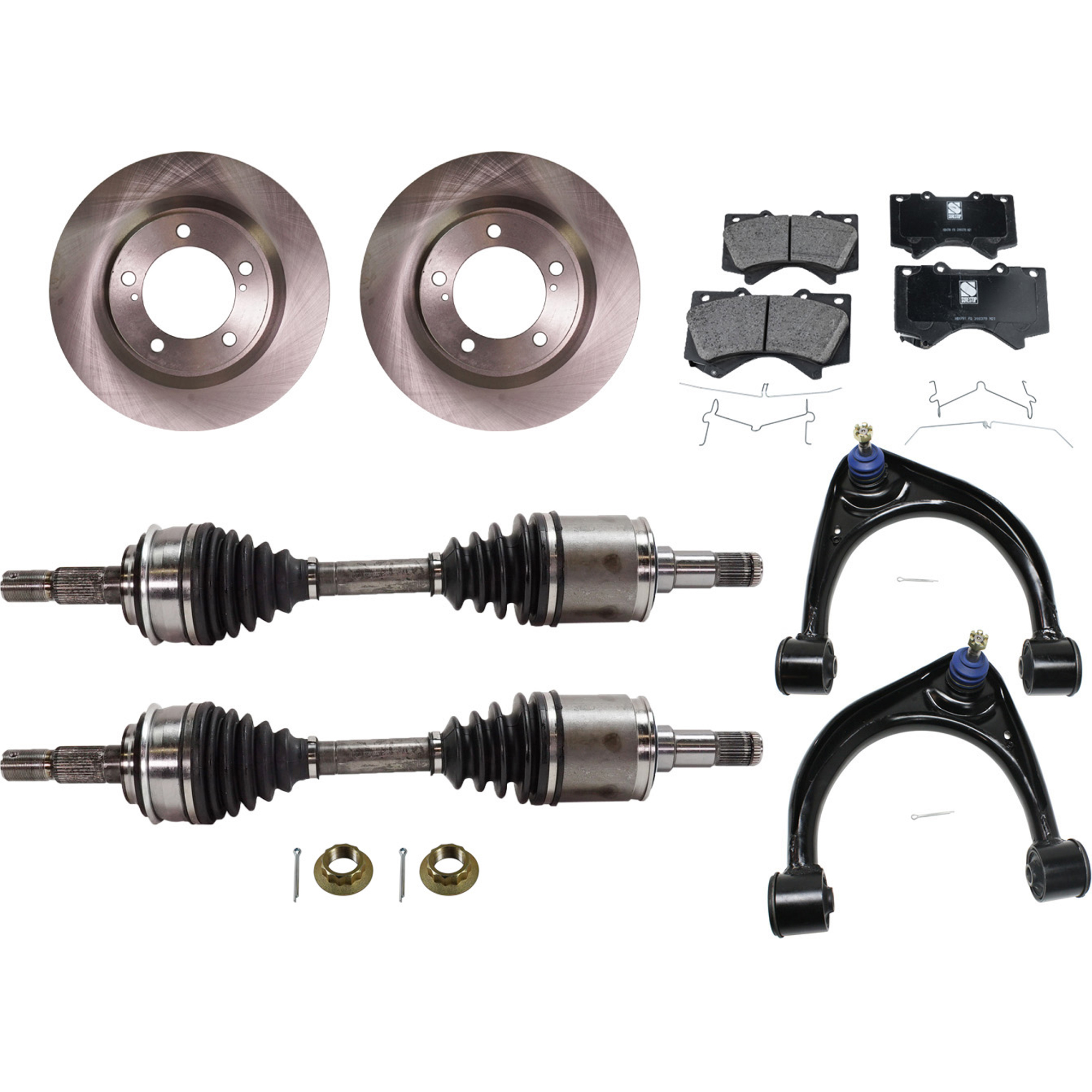 AM TUNDRA 07-21 SEQUOIA 08-21 FRONT CV AXLE ASSEMBLY RH AND LH 8 pc Kit with Brake Disc Brake Pad Set and Control Arm SKU KIT 030422-0013 OEM 435120C020-4351260210-04465024
