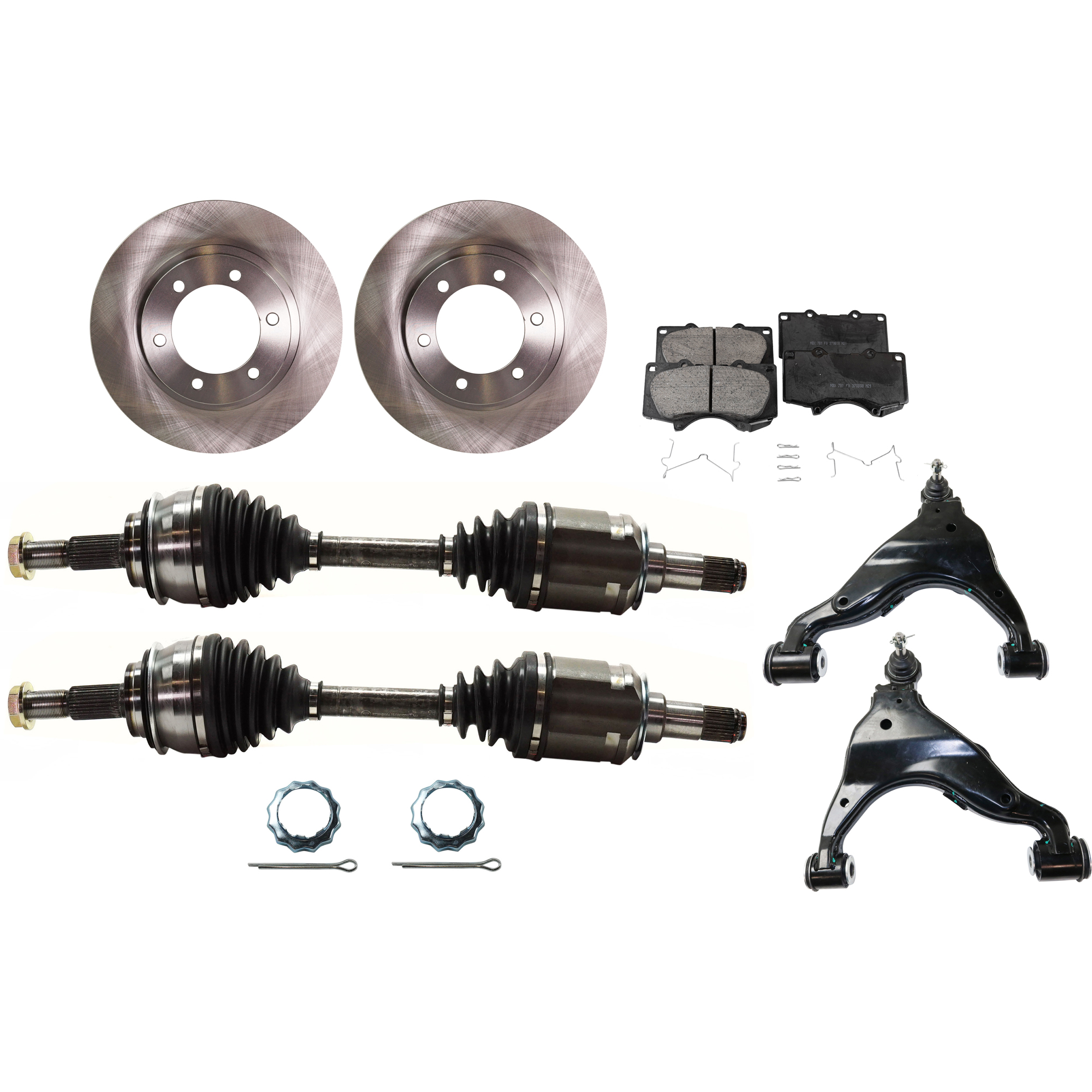 AM TACOMA 05-15 FRONT CV AXLE ASSEMBLY RH AND LH 8 pc Kit w Brake Discs Brake Pad Set and Control Arms SKU KIT 030422-0019 OEM 4351235320-4351235321-04465040