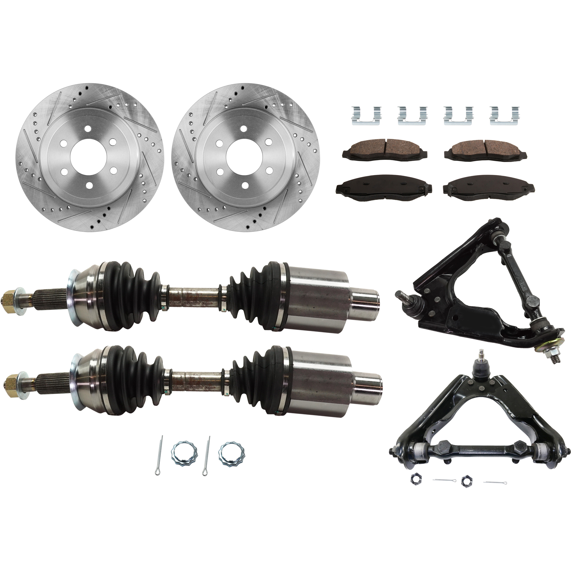 AM DAKOTA 03-04 FRONT CV AXLE ASSEMBLY RH AND LH 8 pc kit with Brake Discs Brake Pad Set and Control Arms SKU KIT 030422-0030 OEM 53014-145454-48880145-60040098