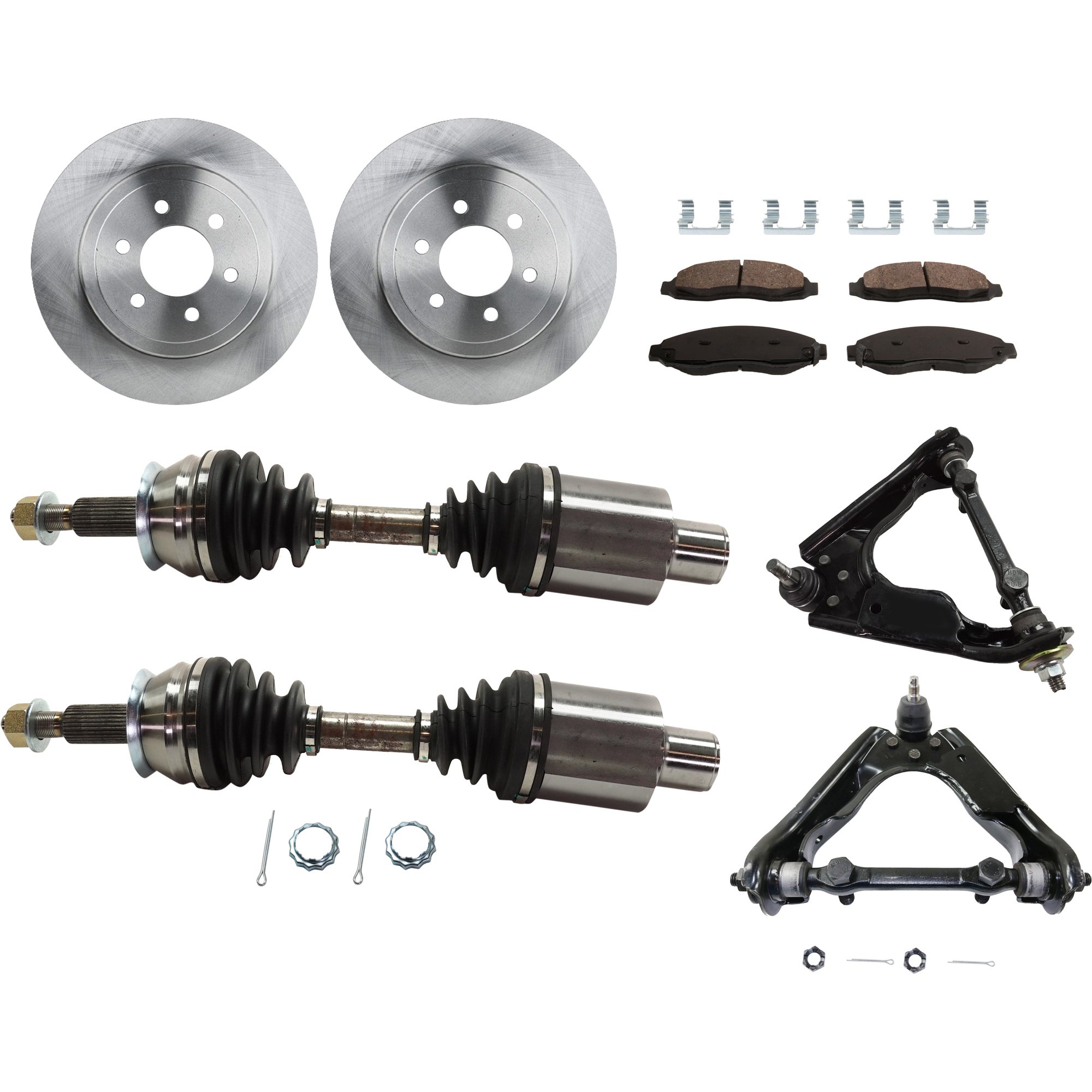 AM DAKOTA 03-04 FRONT CV AXLE ASSEMBLY RH AND LH 8 pc kit with Brake Discs Brake Pad Set and Control Arms SKU KIT 030422-0031 OEM 52010248AA 5093331AA 5093331AB