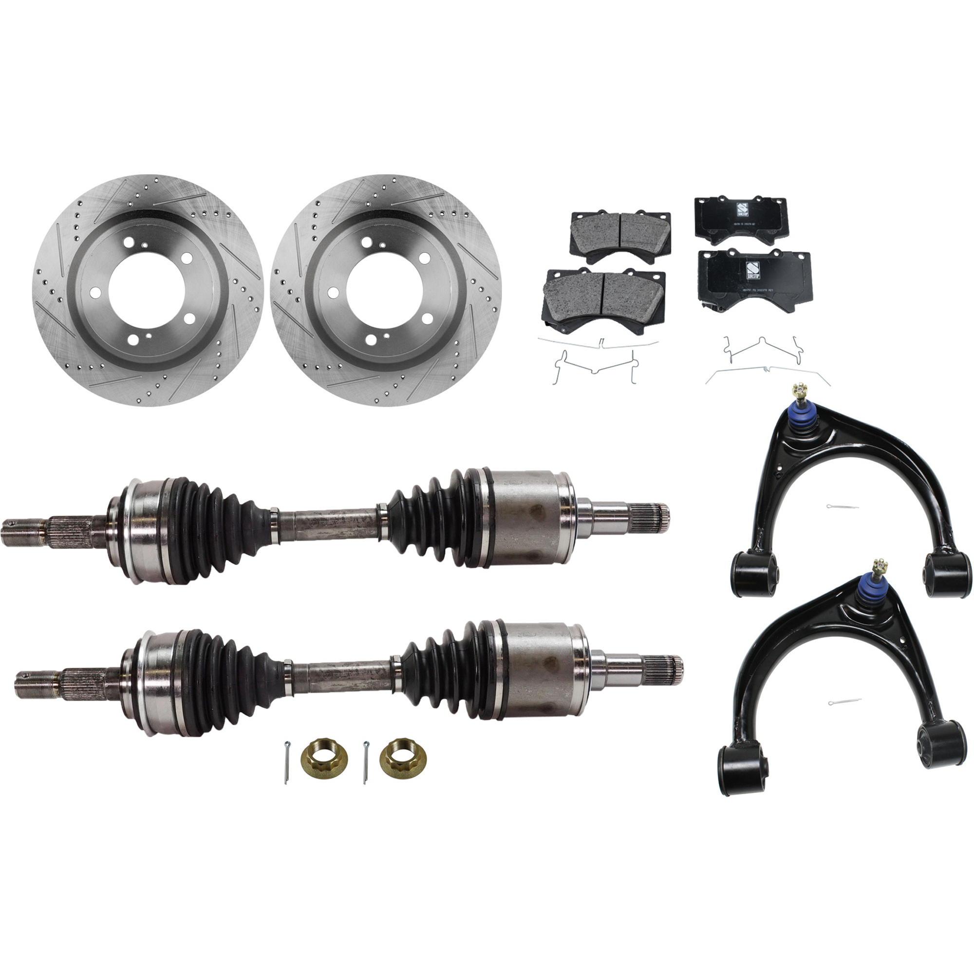 AM TUNDRA 07-21 SEQUOIA 08-21 FRONT CV AXLE ASSEMBLY RH AND LH 8 pc kit with Brake Disc Brake Pad Set and Control Arm SKU KIT 030422-0032 OEM 90076136-980583FZN HC31482X 04