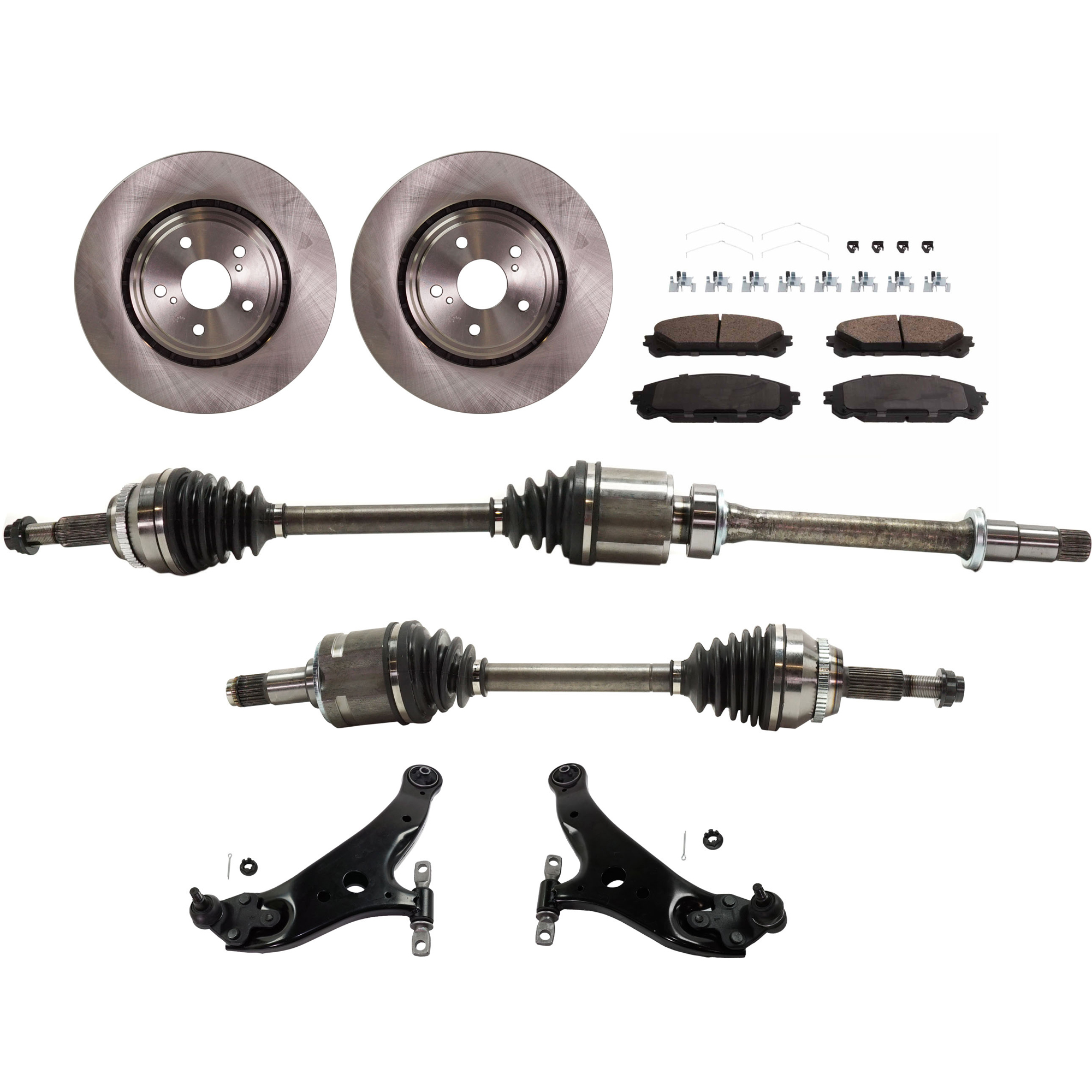AM HIGHLANDER 08-13 FRONT CV AXLE ASSEMBLY RH AND LH 7 pc kit w Brake Discs Brake Pad Set and Control Arms SKU KIT 030422-0041 OEM 4351248110-435120E030-04465025
