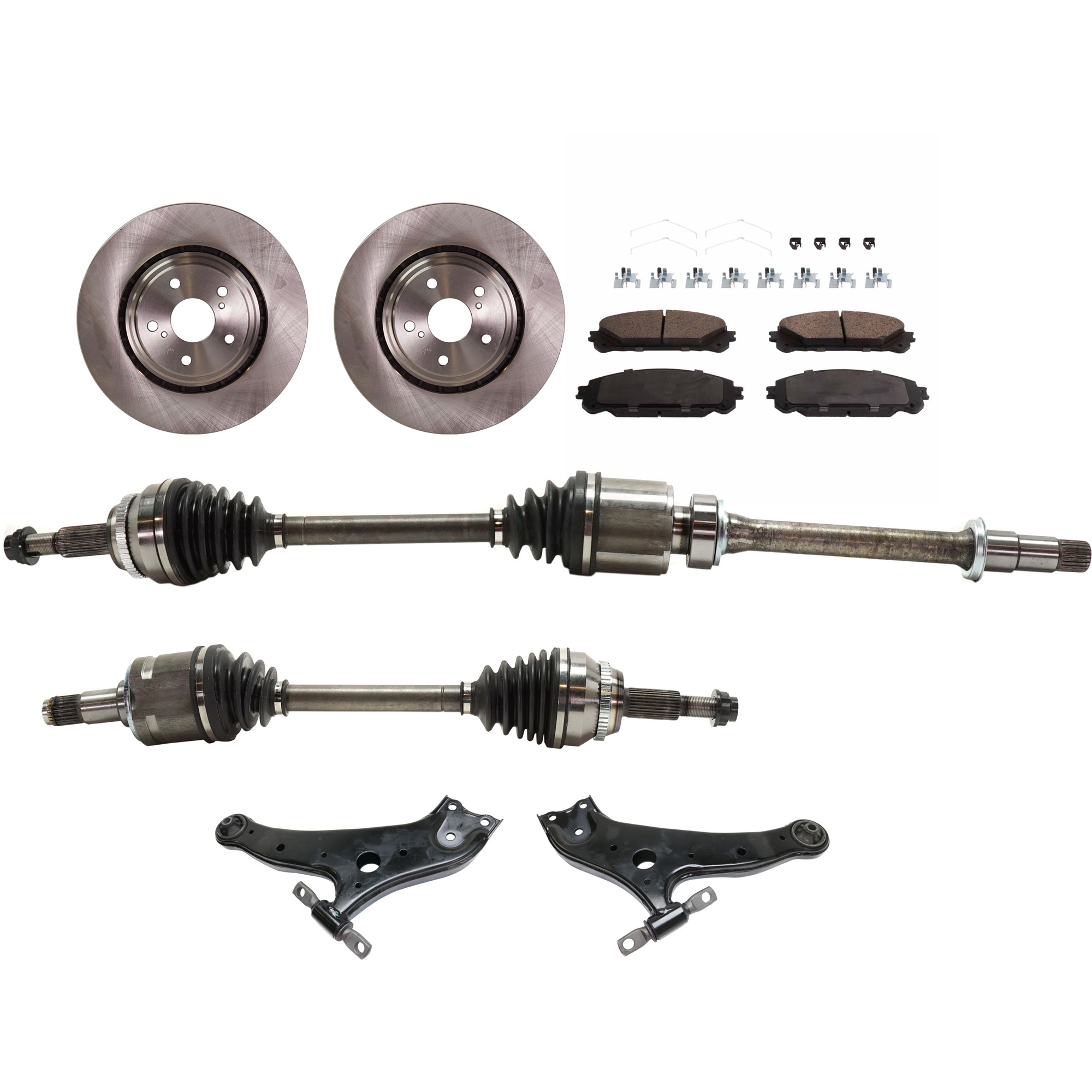 AM HIGHLANDER 08-13 FRONT CV AXLE ASSEMBLY RH AND LH 8 pc Kit w Brake Discs Brake Pad Set and Control Arms SKU KIT 030422-0042 OEM 4351248110-435120E030-04465025