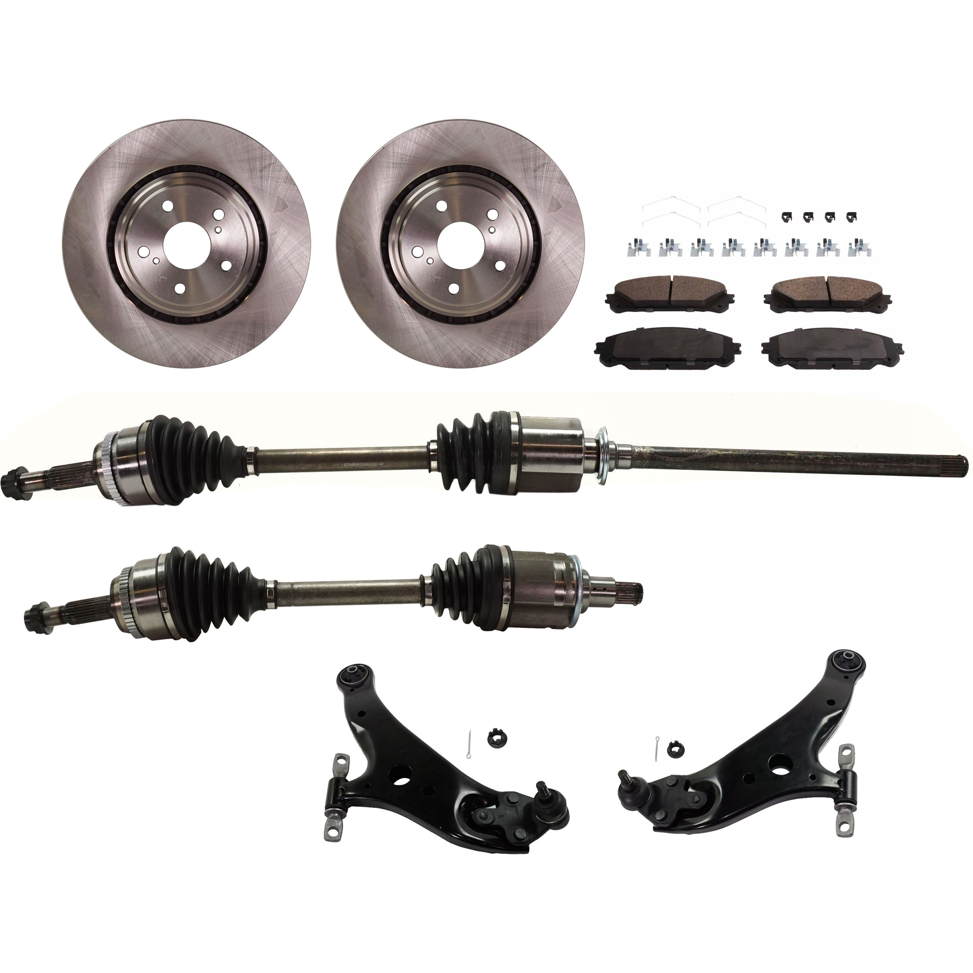 AM HIGHLANDER 08-13 FRONT CV AXLE ASSEMBLY RH AND LH 7 pc kit w Brake Discs Brake Pad Set and Control Arms SKU KIT 030422-0043 OEM 4351248110-435120E030-04465025