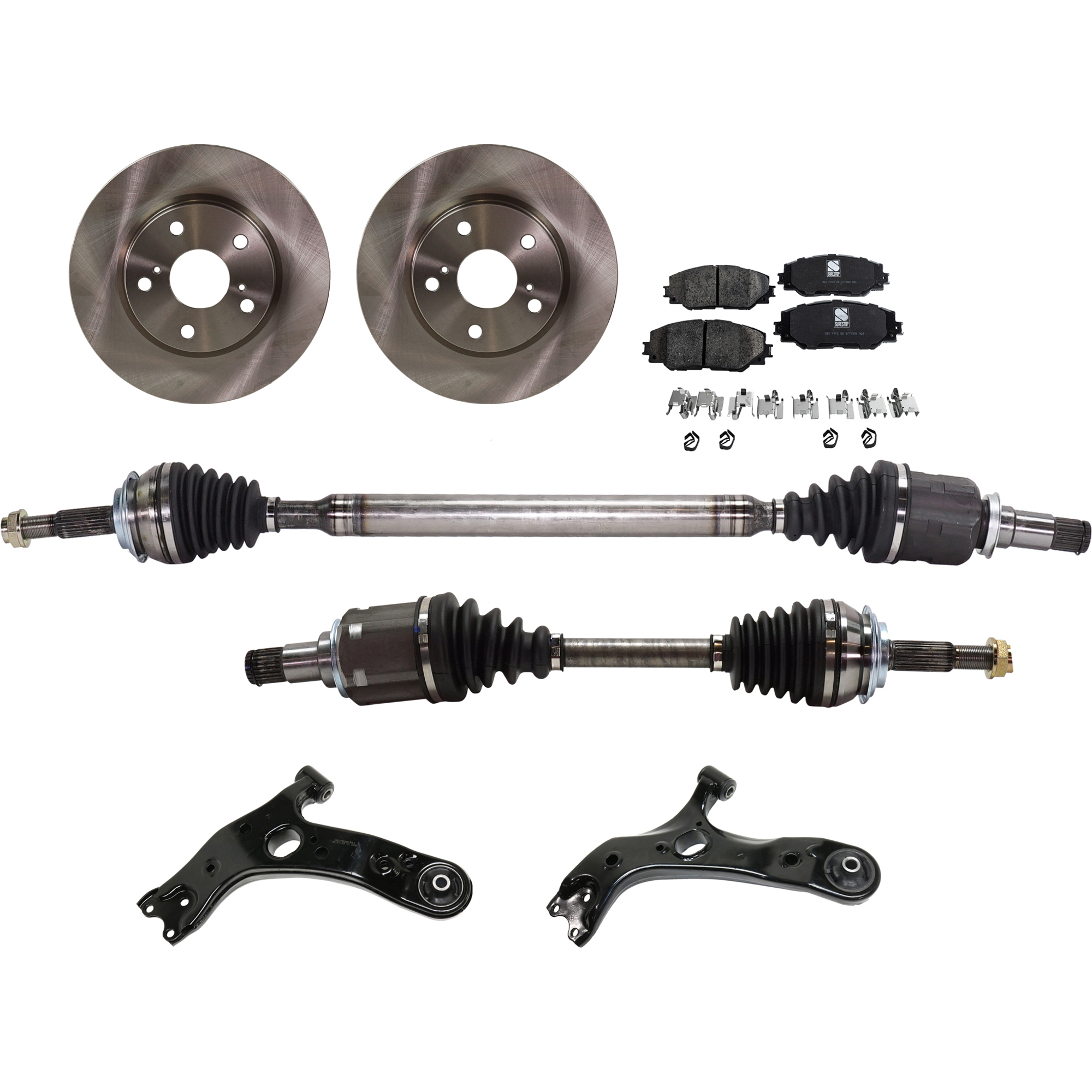 AM PRIUS V 12-17 FRONT CV AXLE ASSEMBLY RH AND LH 8 pc kit with Brake Discs Brake Pad Set and Control Arms SKU KIT 030422-0047 OEM 4351242040 CH37A036-0446502220