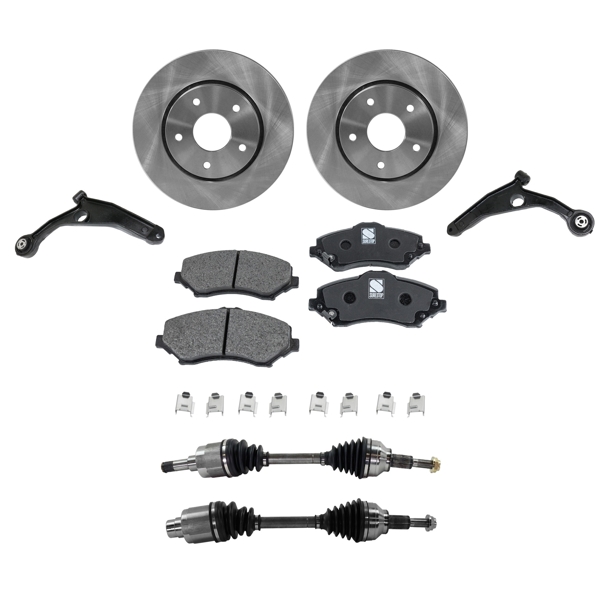 AM JOURNEY 09-13 FRONT CV AXLE ASSEMBLY RH AND LH 7 pc Kit w Brake Disc Brake Pad Set and Control Arms SKU KIT 030422-0082 OEM 4721995AA 4721933AB 4779783AA