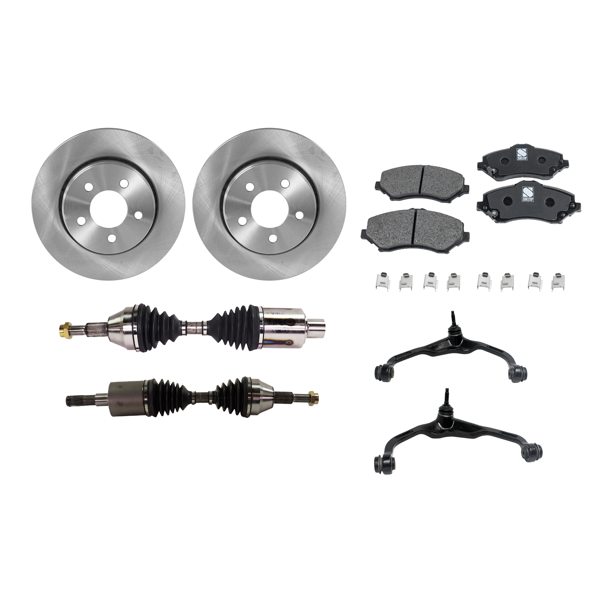 AM LIBERTY 08-12 NITRO 07-11 FRONT CV AXLE ASSEMBLY RH AND LH 8 pc kit with Brake Disc Brake Pad Set and Control Arms SKU KIT 030422-0089 OEM 52109938AB 68003701AA 68029264
