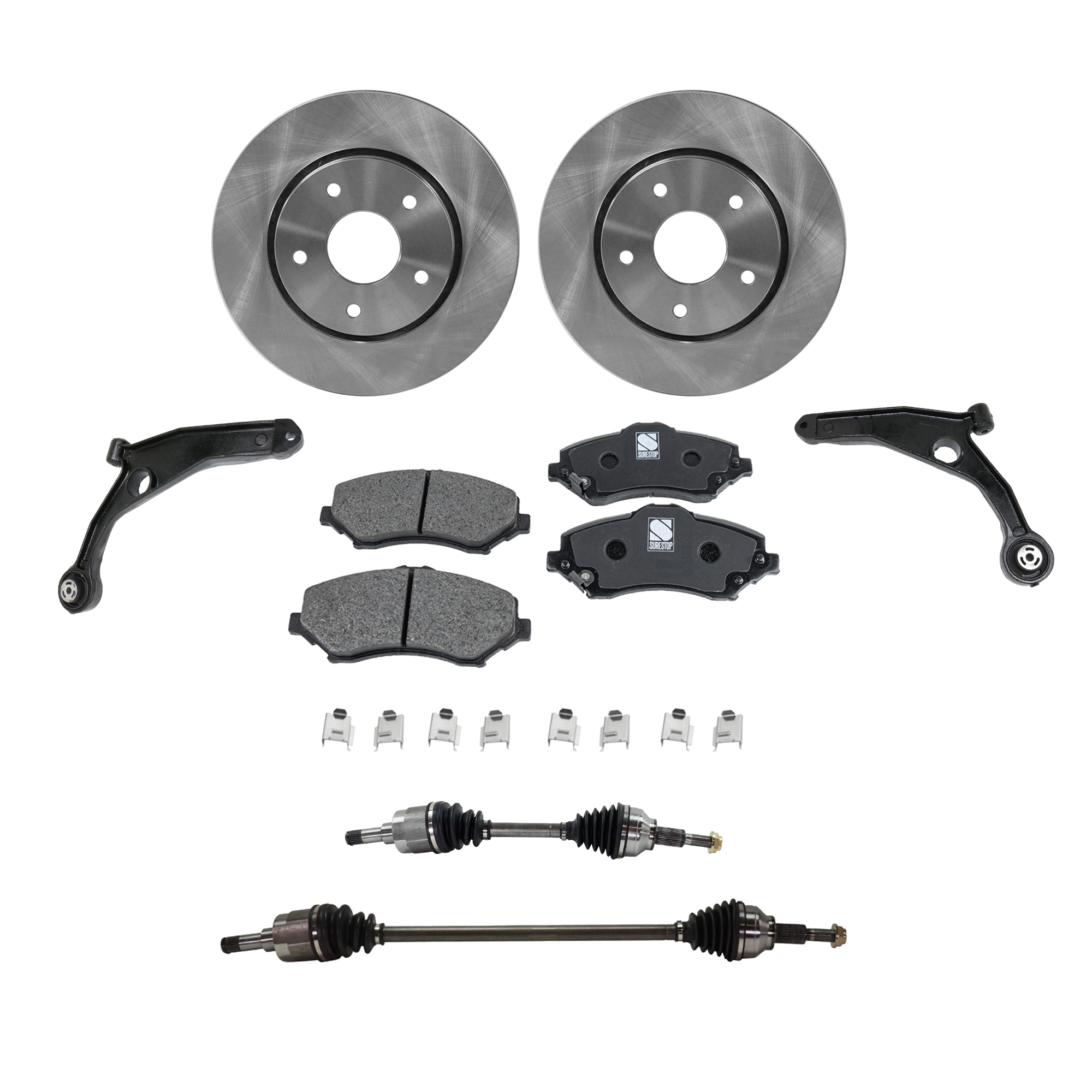 AM JOURNEY 10-10 FRONT CV AXLE ASSEMBLY RH AND LH 7 pc Kit w Brake Disc Brake Pad Set and Control Arms SKU KIT 030422-0090 OEM 4721995AA 4721933AB 4779783AA