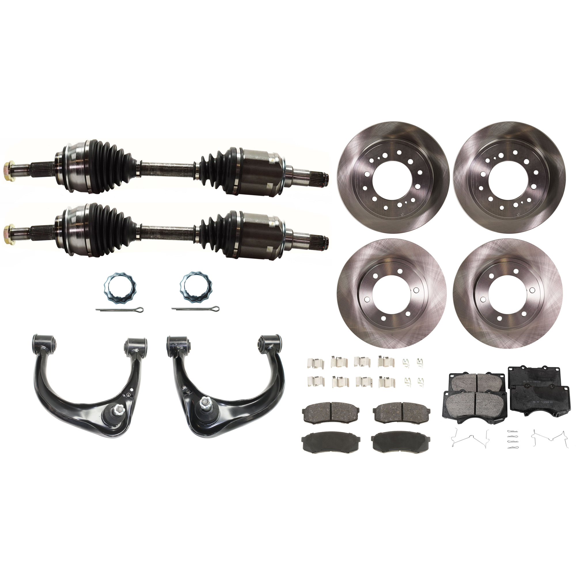 AM FJ CRUISER 10-14 FRONT CV AXLE ASSEMBLY RH AND LH 12 pc kit with Brake Disc Brake Pad Set and Control Arms SKU KIT 030422-0092 OEM 4351235320-4351235321-31550-44