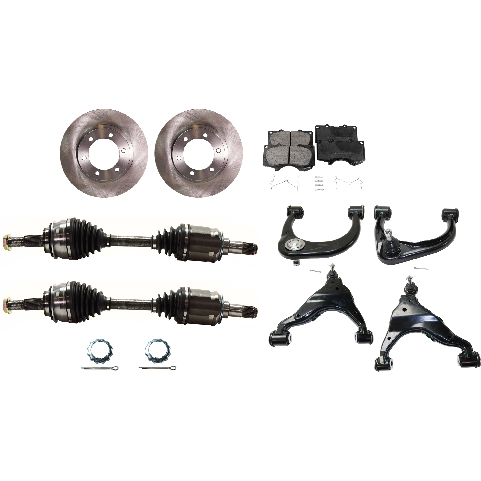 AM TACOMA 07-15 FRONT CV AXLE ASSEMBLY RH AND LH 10 pc Kit with Brake Disc Brake Pad Set and Control Arm SKU KIT 030422-0100 OEM 4351235320-4351235321-04465040