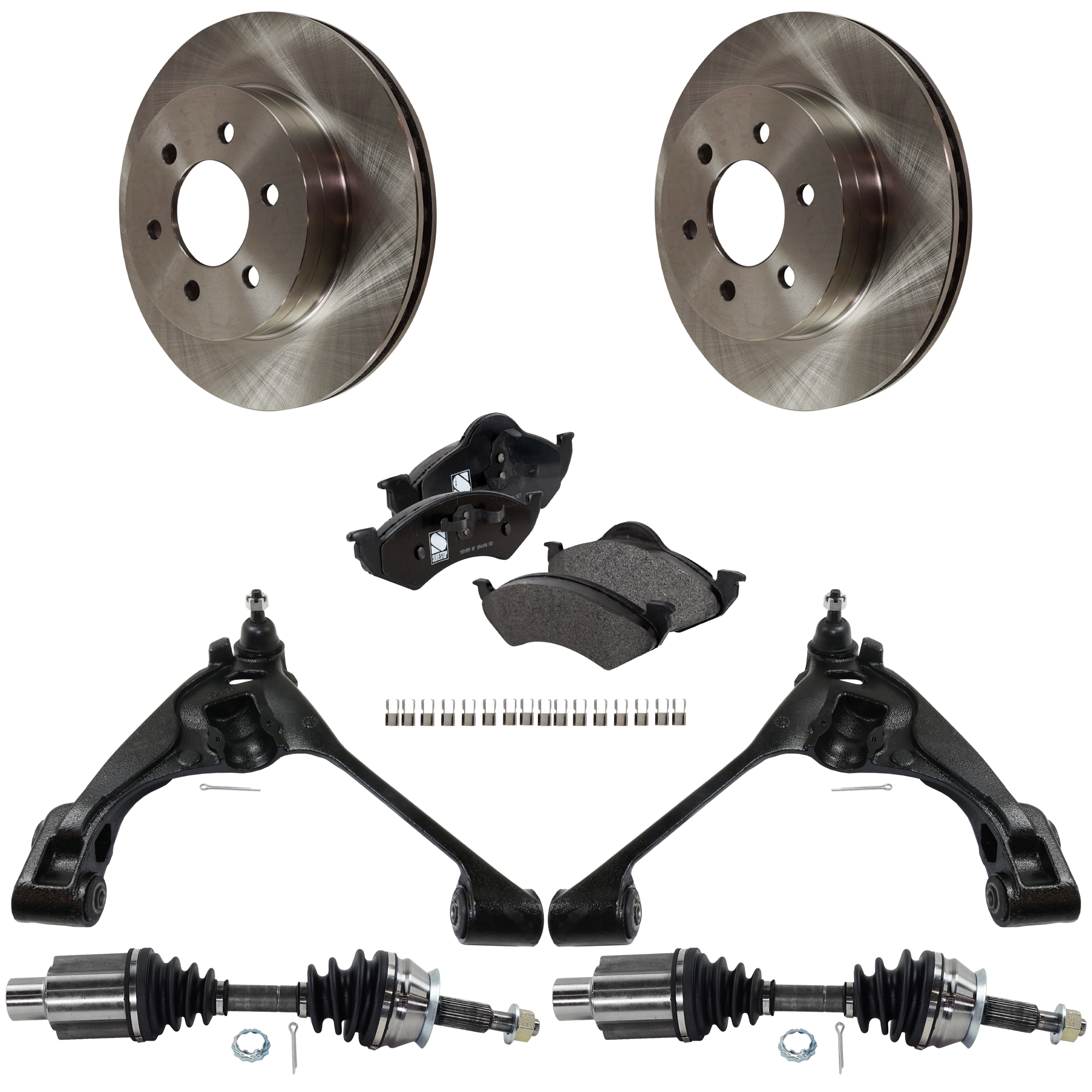 AM DAKOTA DURANGO 00-01 FRONT CONTROL ARM RH AND LH Lower with Ball Joint 4WD 7 pc kit with Axle Assemblies Brake Discs and Brake Pad Set SKU KIT 030422-0144 OEM 52009208-5016167AA 5016167AB 5