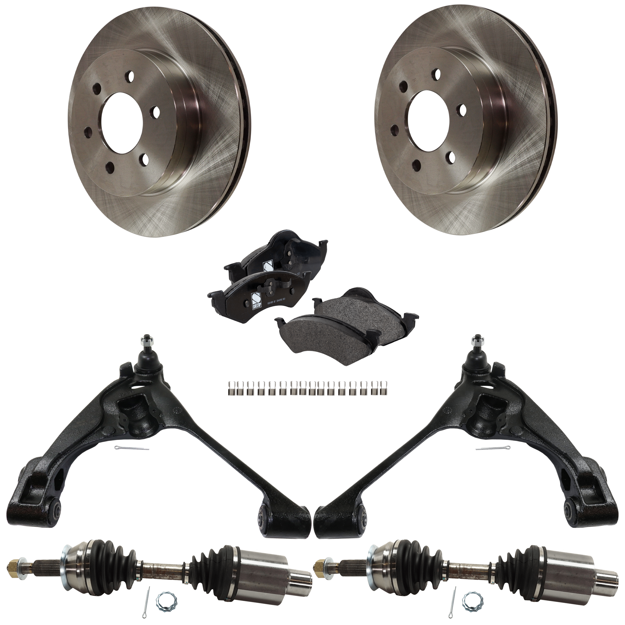 AM DAKOTA DURANGO 01-02 FRONT CONTROL ARM RH AND LH Lower with Ball Joint 4WD 7 pc kit with Axle Assemblies Brake Discs and Brake Pad Set SKU KIT 030422-0145 OEM 52009208-5016167AA 5016167AB 5
