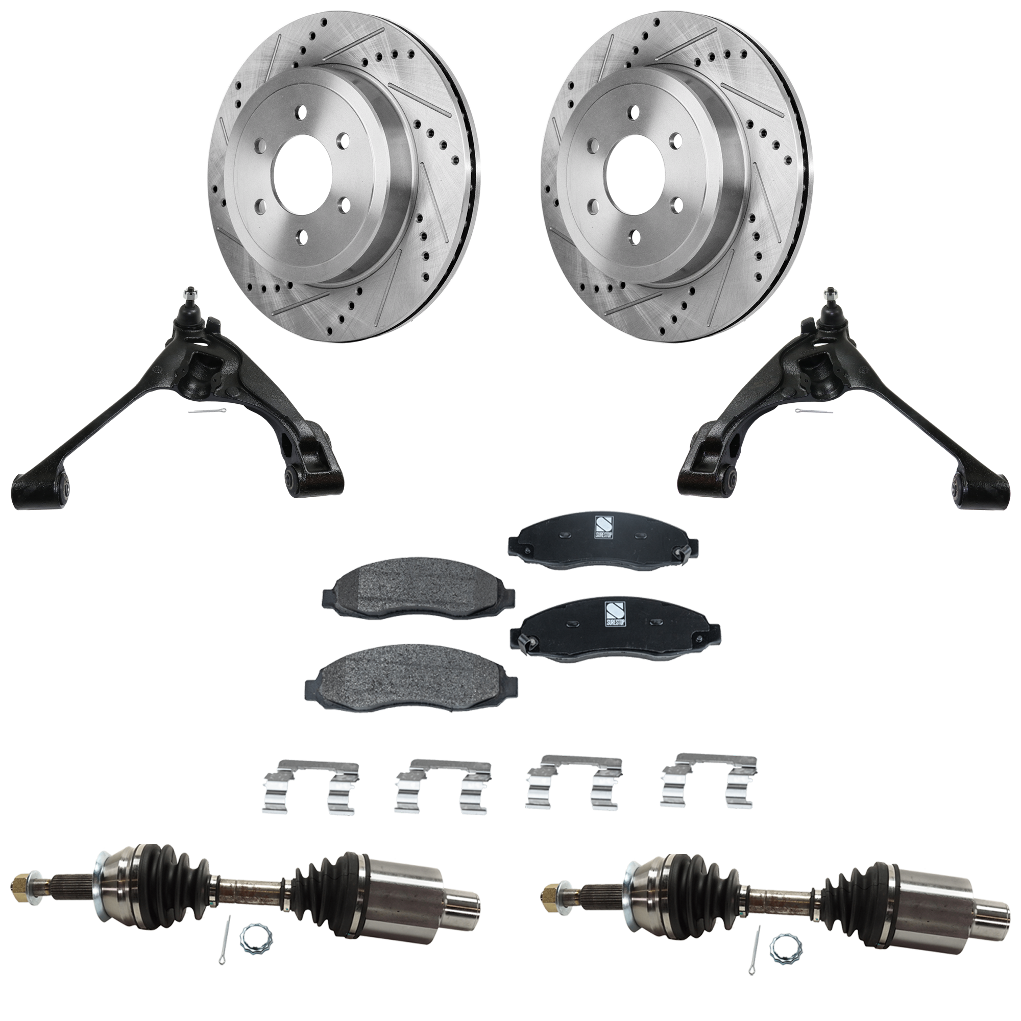 AM DAKOTA 03-04 FRONT CONTROL ARM RH AND LH Lower with Ball Joint 4WD 7 pc Kit with Brake Discs Brake Pad Set and Axle Assemblies SKU KIT 030422-0146 OEM 53014-145454-48880145-60040098