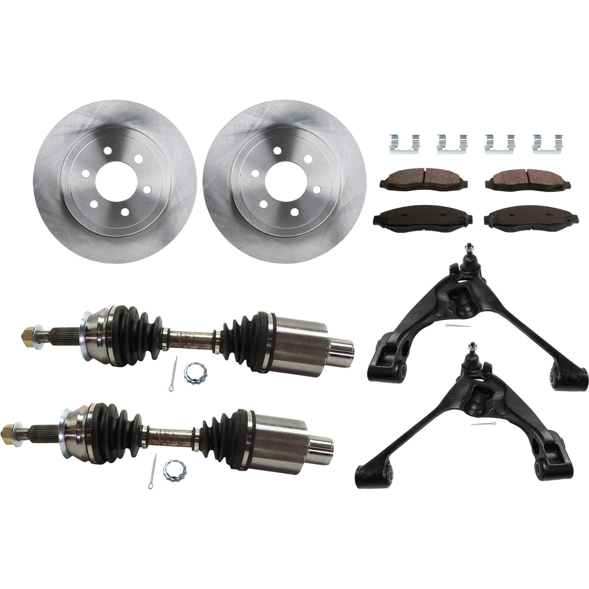 AM DAKOTA 03-04 FRONT CONTROL ARM RH AND LH Lower with Ball Joint 4WD 8 pc kit with Axle Assemblies Brake Discs and Brake Pad Set SKU KIT 030422-0147 OEM 52010248AA 5093331AA 5093331AB