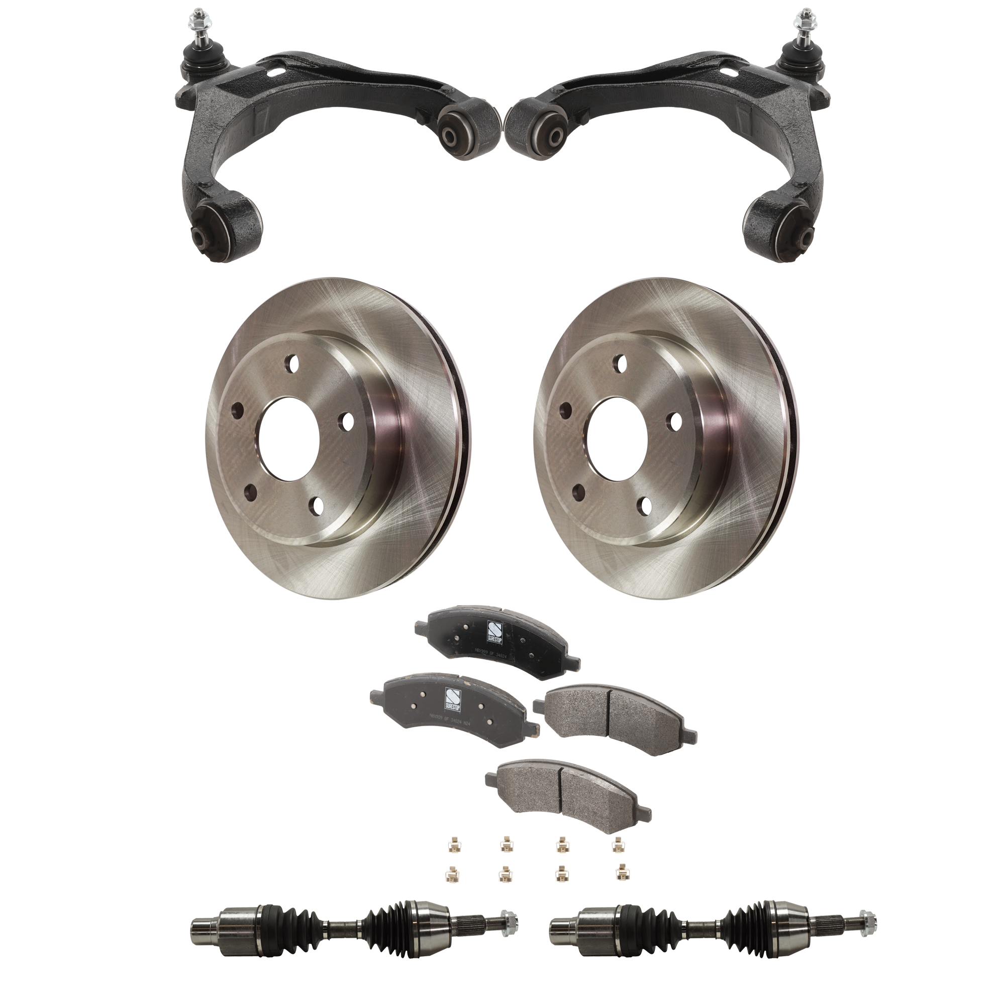 AM DAKOTA 05-11 RAIDER 06-09 FRONT CONTROL ARM RH AND LH Lower 7 pc kit with Axle Assemblies Brake Discs and Brake Pad Set SKU KIT 030422-0148 OEM 52855005AB 5143350AA 5143350AB
