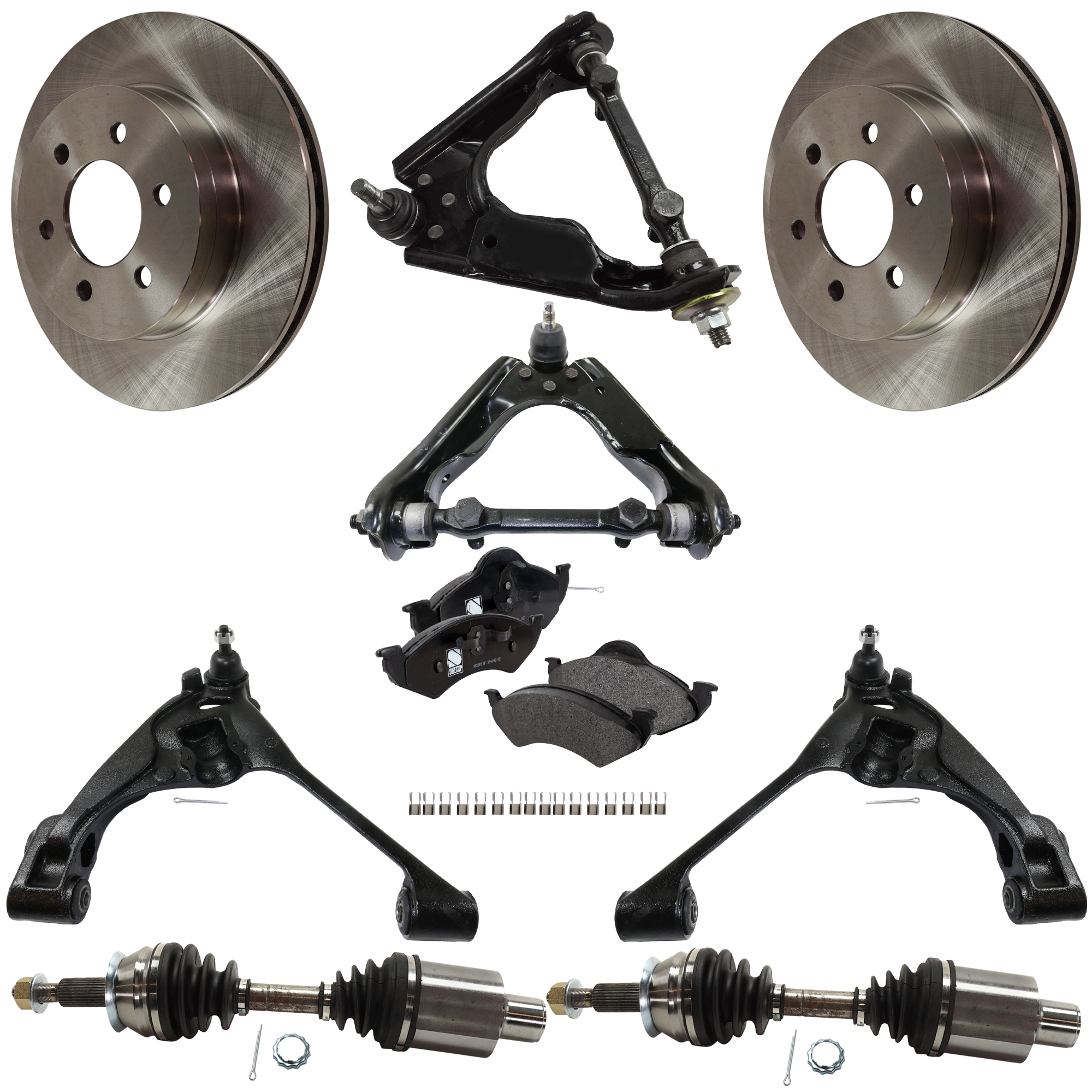 AM DAKOTA DURANGO 01-02 FRONT CONTROL ARM RH AND LH Upper and Lower with Ball Joint 4WD 9 pc kit with Axle Assemblies Brake Discs and Brake Pad Set SKU KIT 030422-0163 OEM 52009208-5016167AA 5016167AB 5
