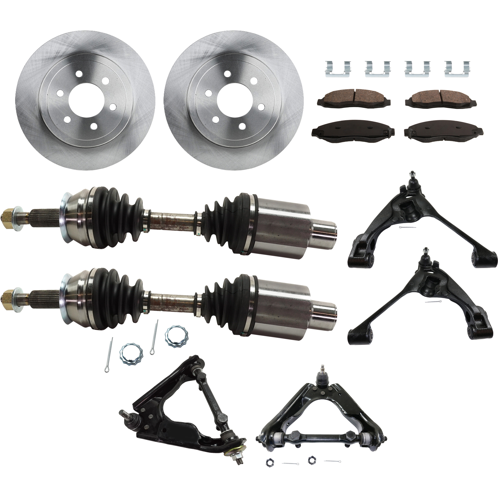 AM DAKOTA 03-04 FRONT CONTROL ARM RH AND LH Upper and Lower with Ball Joint 4WD 10 pc kit with Axle Assemblies Brake Discs and Brake Pad Set SKU KIT 030422-0165 OEM 52010248AA 5093331AA 5093331AB