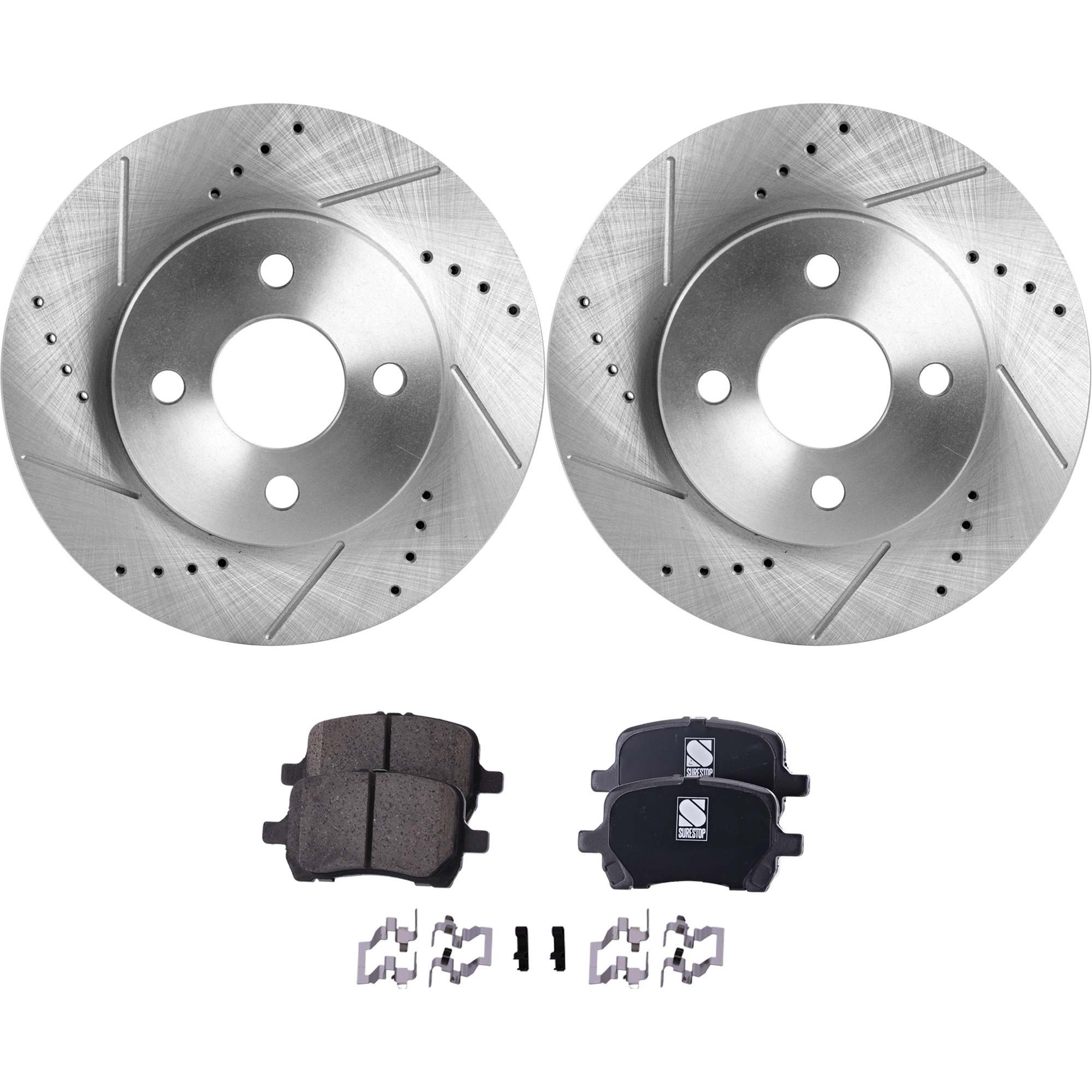 AM G5-09-09 FRONT BRAKE DISC AND PAD KIT 4 pc kit Cross drilled and Slotted SKU KIT 030423-07 OEM 19344-41250-55083-55152-145419