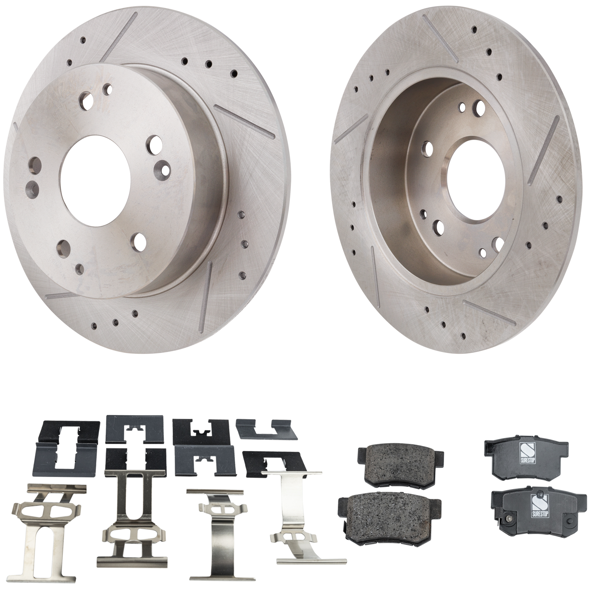 AM RSX 02-06 ACCORD 98-02 REAR BRAKE DISC AND PAD KIT 2 Wheel Set Cross drilled and Slotted SKU KIT 030423-08 OEM 19-946-312-453-125-200-000-000-000