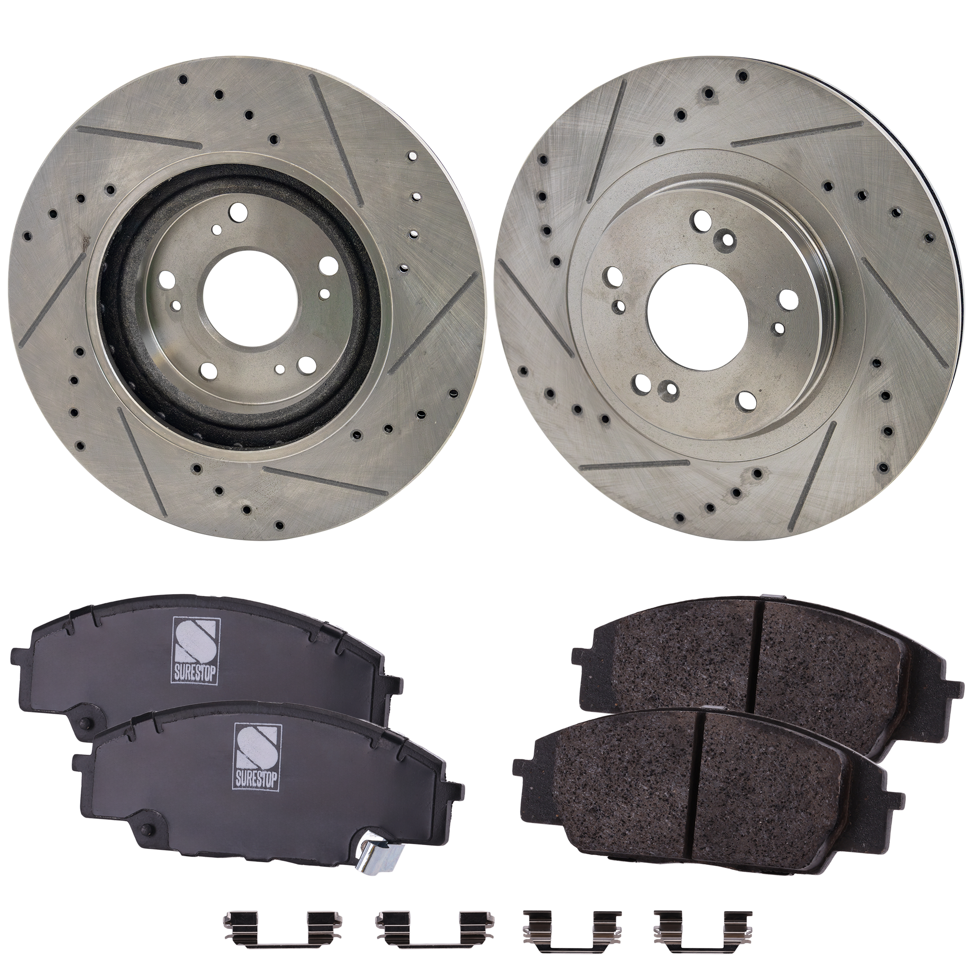 AM CIVIC 06-11 RSX 02-06 FRONT BRAKE DISC AND PAD KIT 4 pc Kit Cross drilled and Slotted SKU KIT 030423-09 OEM 19373-31347-31381-145557-60059