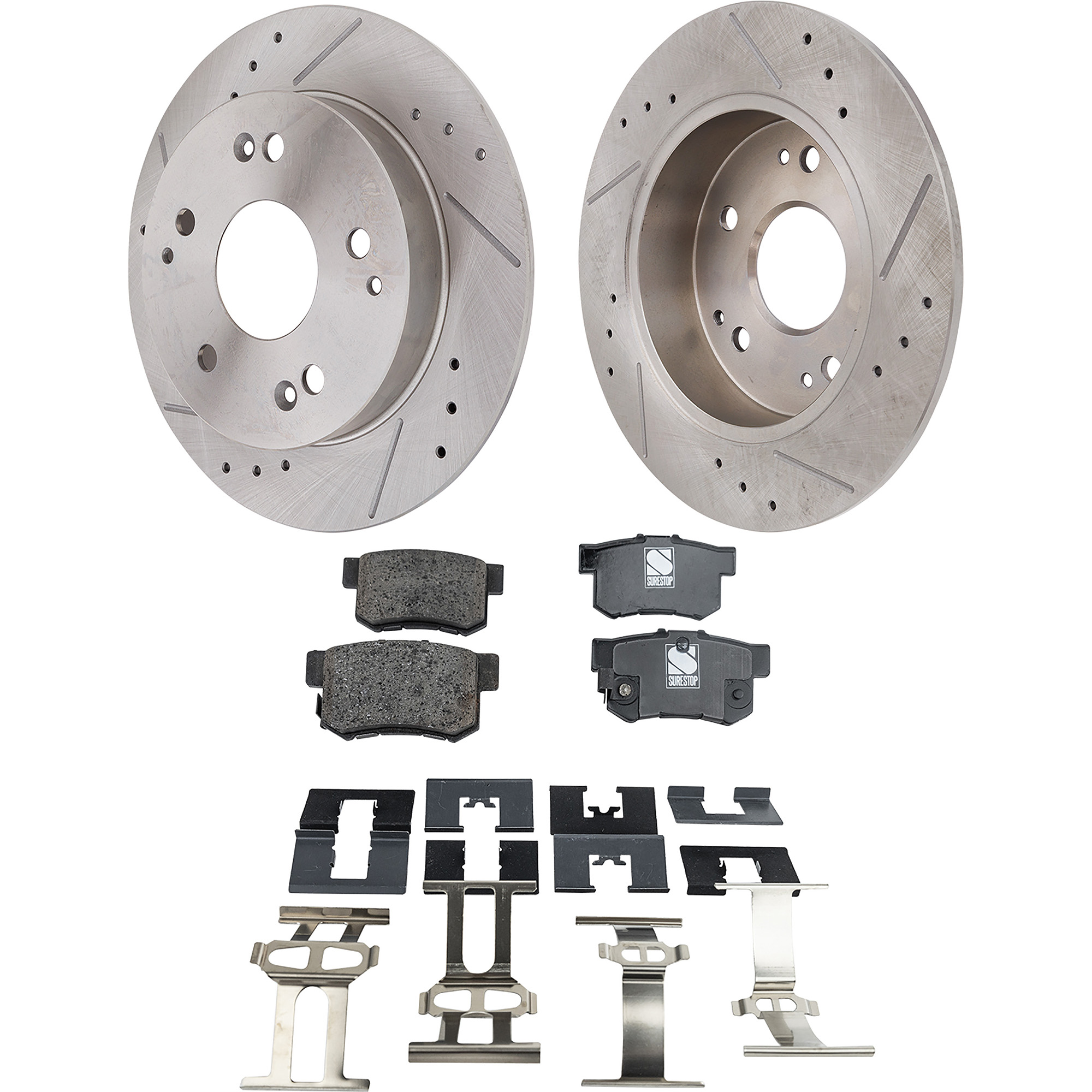 AM CIVIC 06-15 ILX 15-15 REAR BRAKE DISC AND PAD KIT 4 pc Kit Cross drilled and Slotted SKU KIT 030423-17 OEM 31227-31420-108400-145159