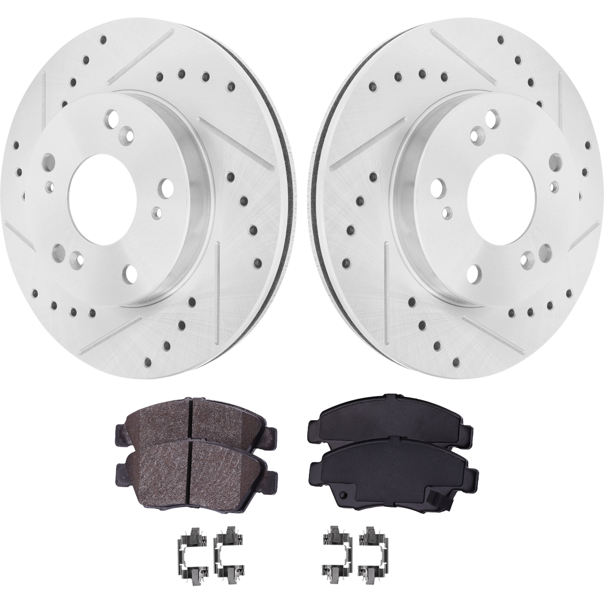 AM CIVIC 04-04 FRONT BRAKE DISC AND PAD KIT 2 Wheel Set Cross drilled and Slotted SKU KIT 030423-18 OEM 31311-145397-0832911-0832912-9