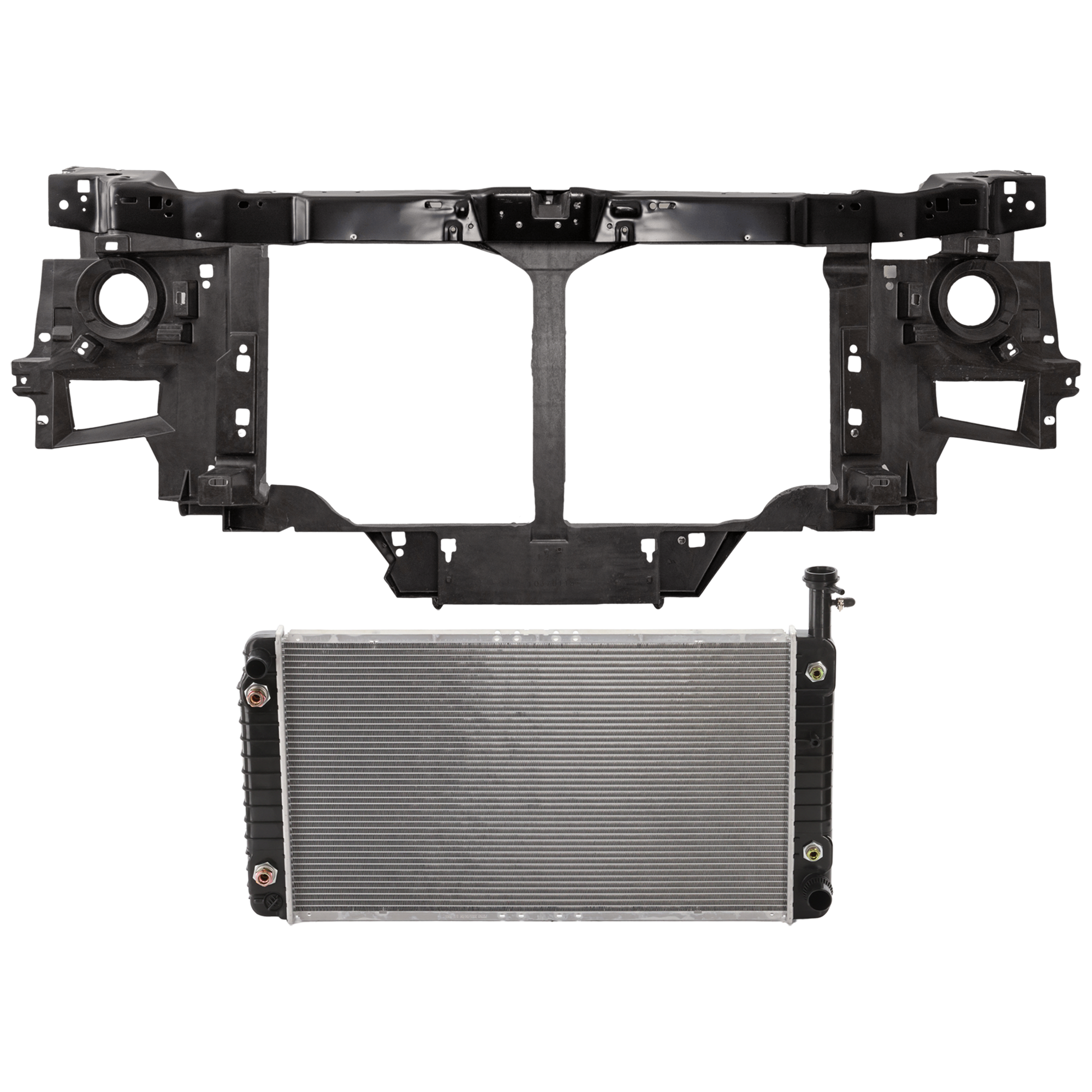 AM EXPRESS SAVANA 1500-2500-04-14 RADIATOR SUPPORT 2 pc Kit Assembly 4.3L Eng. Sealed Beam Headlight Type w o Chrome Grille w Radiator SKU KIT 030526-03 Partslink GM1225217 GM3010479 OEM 84201377-22795304