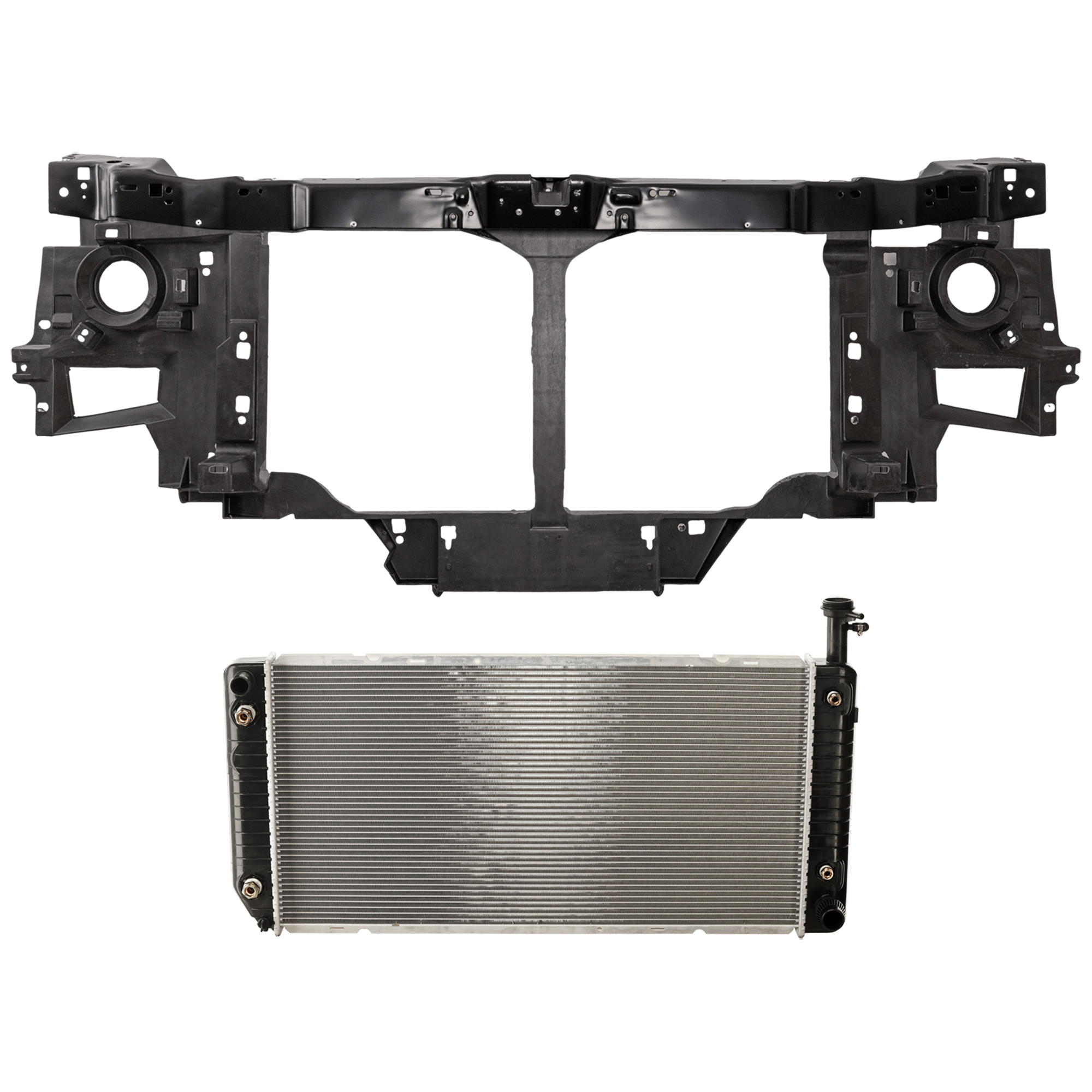 AM EXPRESS SAVANA 1500-2500-04-19 RADIATOR SUPPORT 2 pc Kit Assembly 4.8L 6.0L Eng. Sealed Beam Headlight Type w o Chrome Grille w Radiator SKU KIT 030526-04 Partslink GM1225217 GM3010483 OEM 84201377-25912002