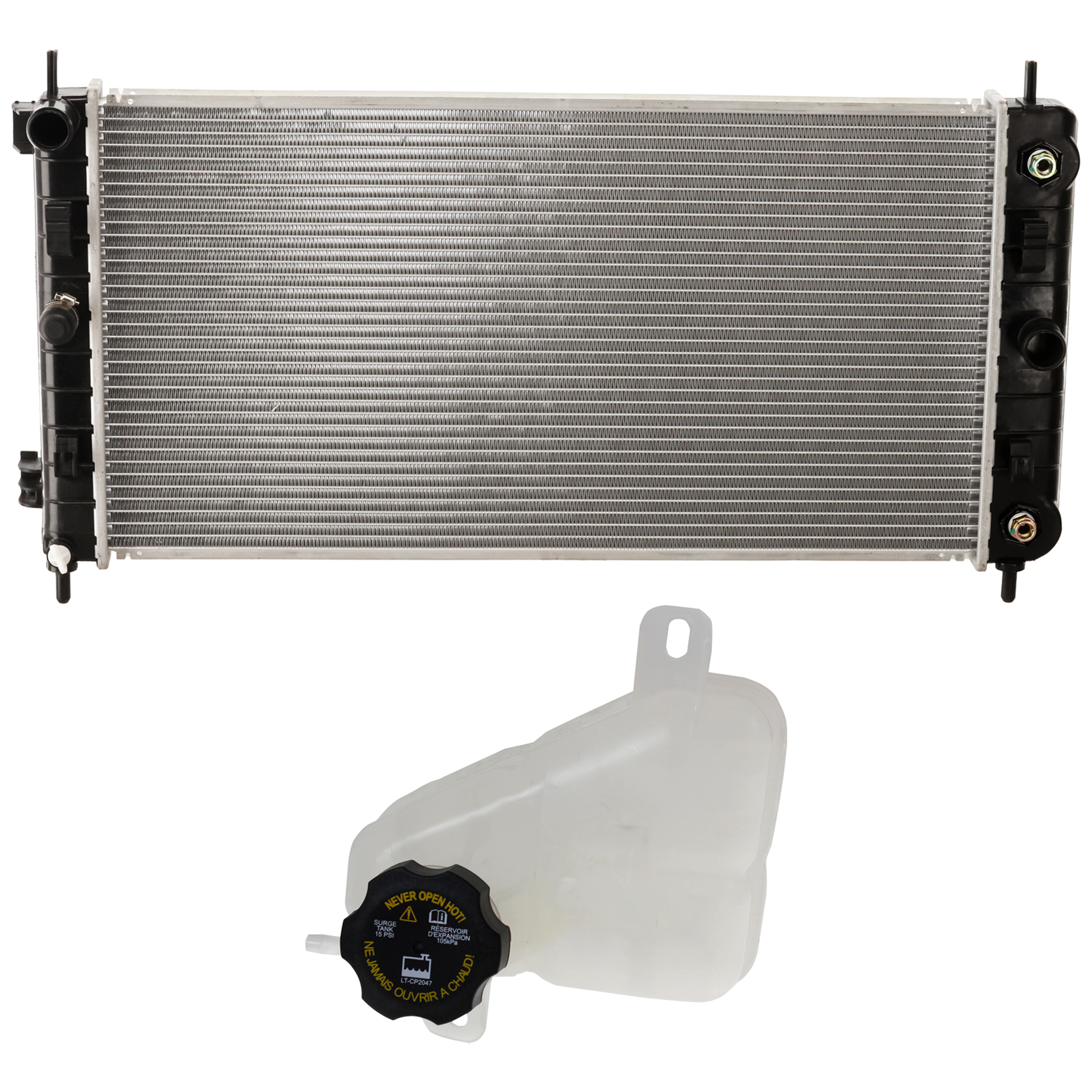 AM MALIBU 07-10 AURA 07-08 RADIATOR 2 pc Kit w Coolant Reservoir SKU KIT 030526-09 Partslink GM3010444 GM3010508 GM3014165 OEM 52494386-15873468-25775252 PFM