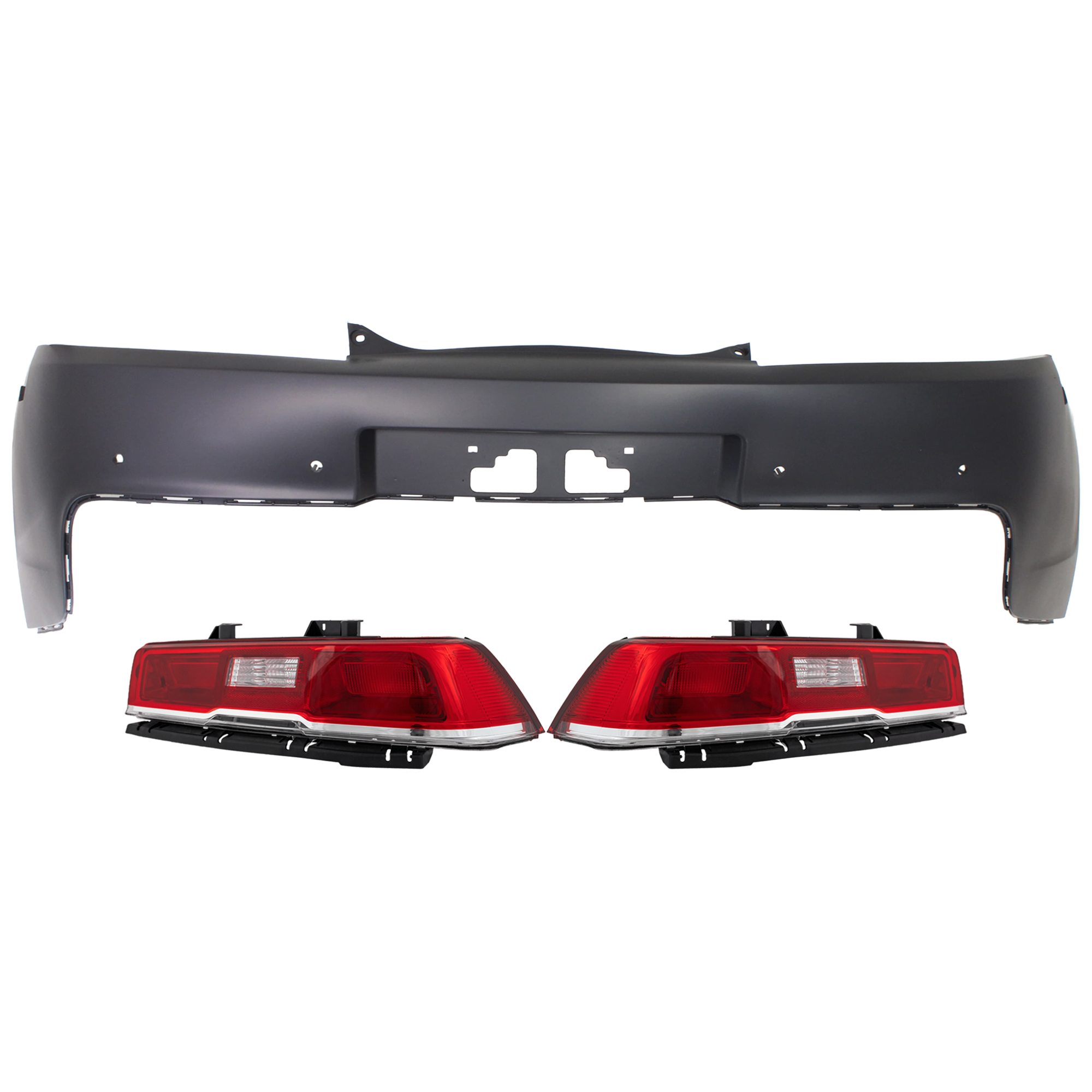 AM CAMARO 14-15 TAIL LAMP RH AND LH 3 pc Kit Assembly Halogen with Bumper Cover CAPA SKU KIT 030626-30 Partslink GM1114107C GM2800265C GM2801265C OEM 23164145-23256981-23489170
