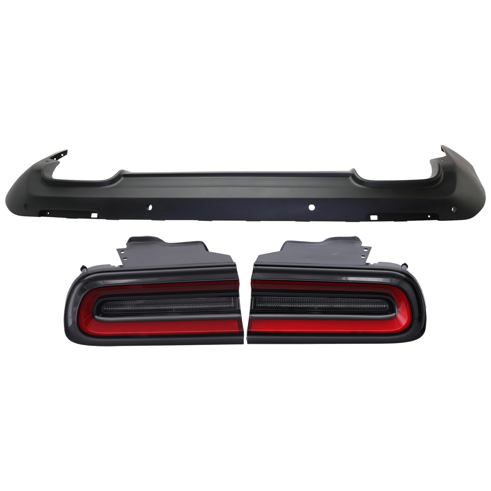 AM CHALLENGER 15-23 TAIL LAMP RH AND LH Outer 3 pc Kit Assembly LED with Bumper Cover CAPA SKU KIT 030626-38 Partslink CH1195120C CH2800207C CH2801207C OEM 68260010AC 68403954AC 68510770