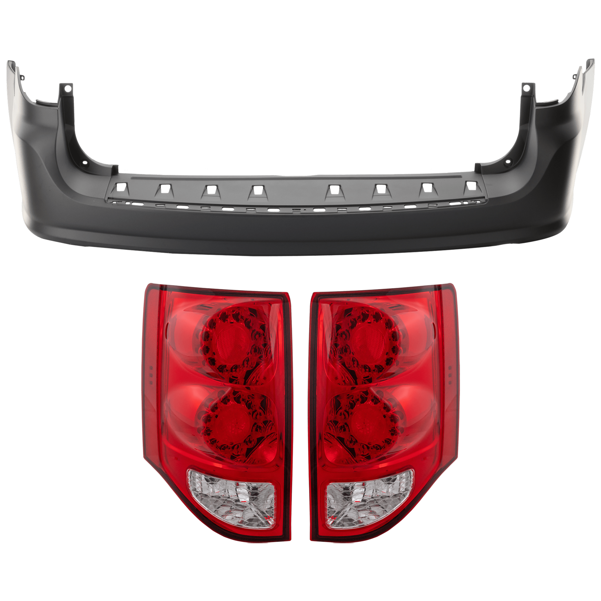 AM GRAND CARAVAN 11-20 TAIL LAMP RH AND LH 3 pc Kit Assembly LED with Bumper Cover SKU KIT 030626-46 Partslink CH2800199 CH2801199 CH1100969 OEM 5182534AE 5182535AD 68125724AB