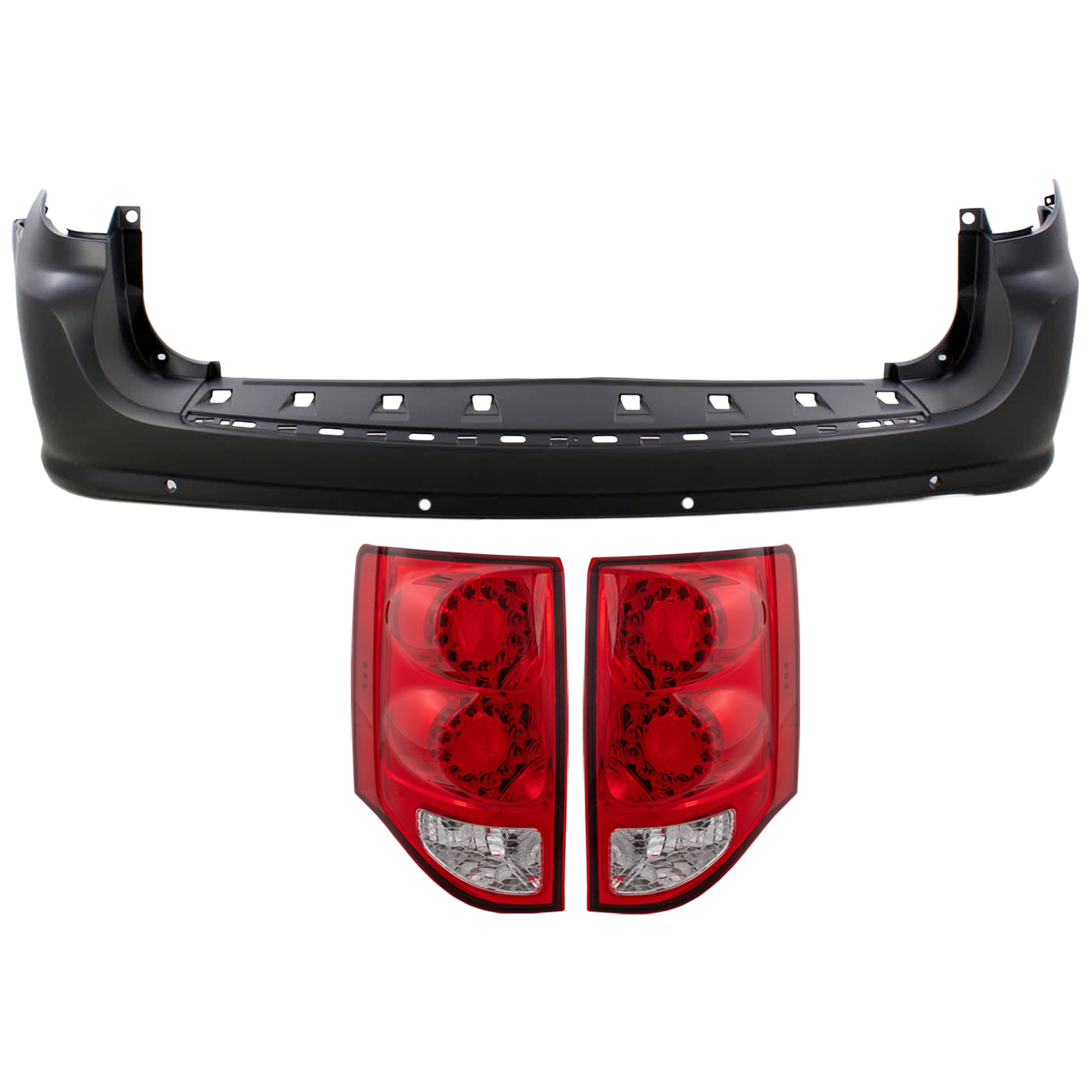 AM GRAND CARAVAN 11-20 TAIL LAMP RH AND LH 3 pc Kit Assembly LED with Bumper Cover SKU KIT 030626-47 Partslink CH2800199 CH2801199 CH1100970 OEM 5182534AE 5182535AD 68125725AB