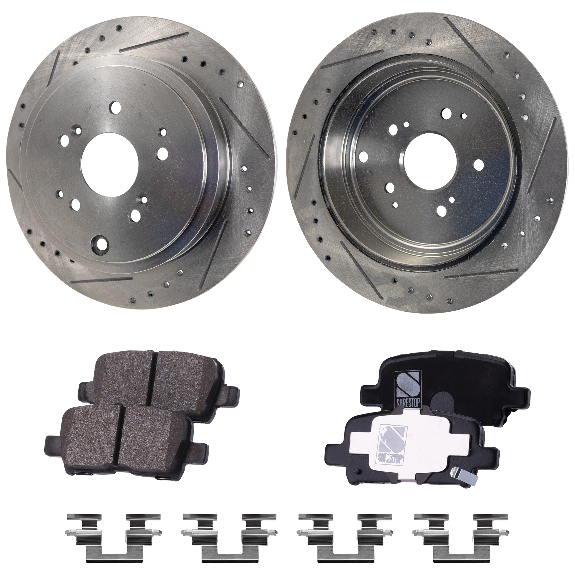 AM MDX 01-06 PILOT 03-08 REAR BRAKE DISC AND PAD KIT 4 pc kit Cross drilled and Slotted Ceramic SKU KIT 030823-04 OEM 31318-145393-0832926-48880032