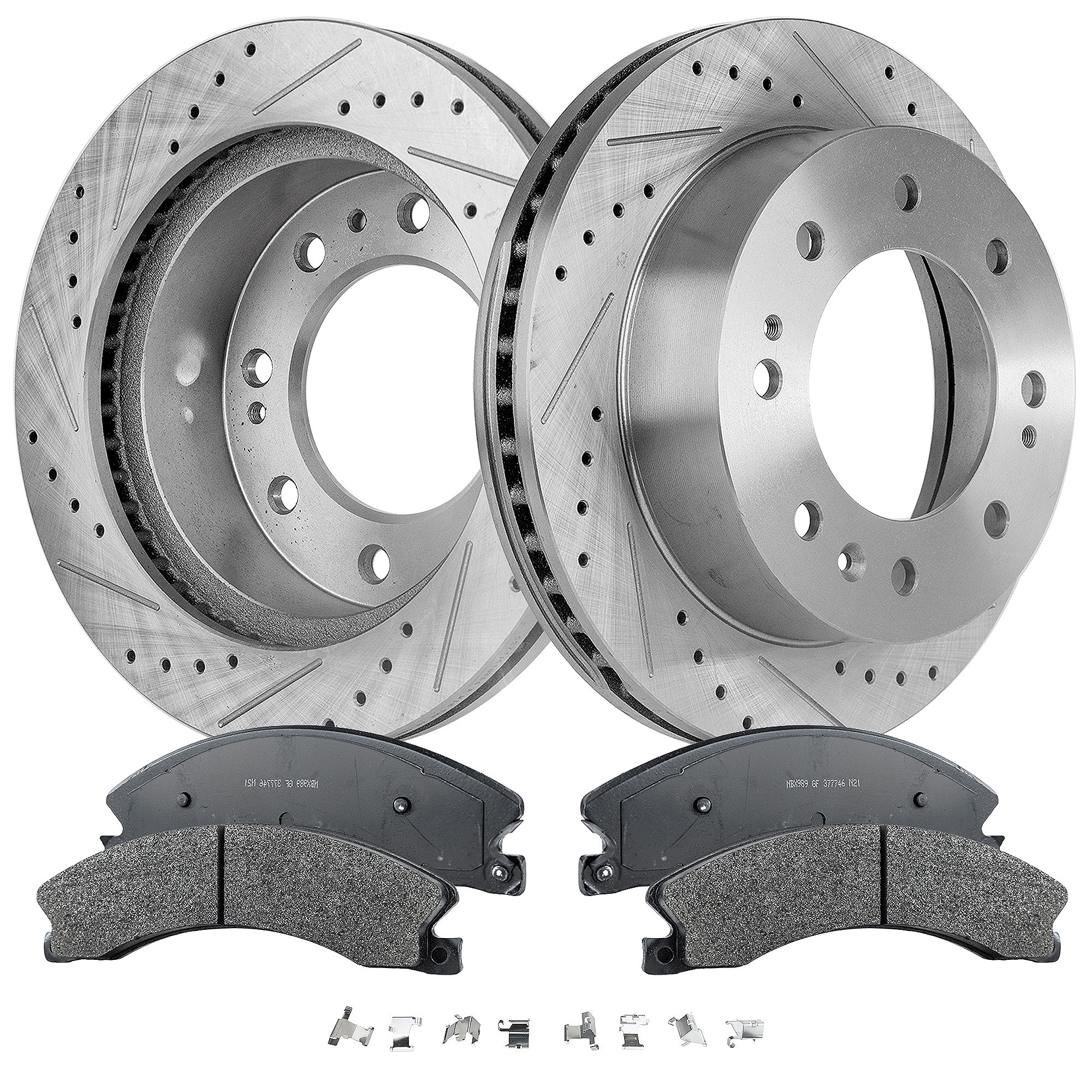 AM SILVERADO SIERRA 2500 HD 3500 HD 11-19 FRONT BRAKE DISC AND PAD KIT 4 pc Kit Cross drilled and Slotted 8 Lugs Cast Iron Semi Metallic SKU KIT 030823-05 OEM 41268-55191-850227-901026-6004