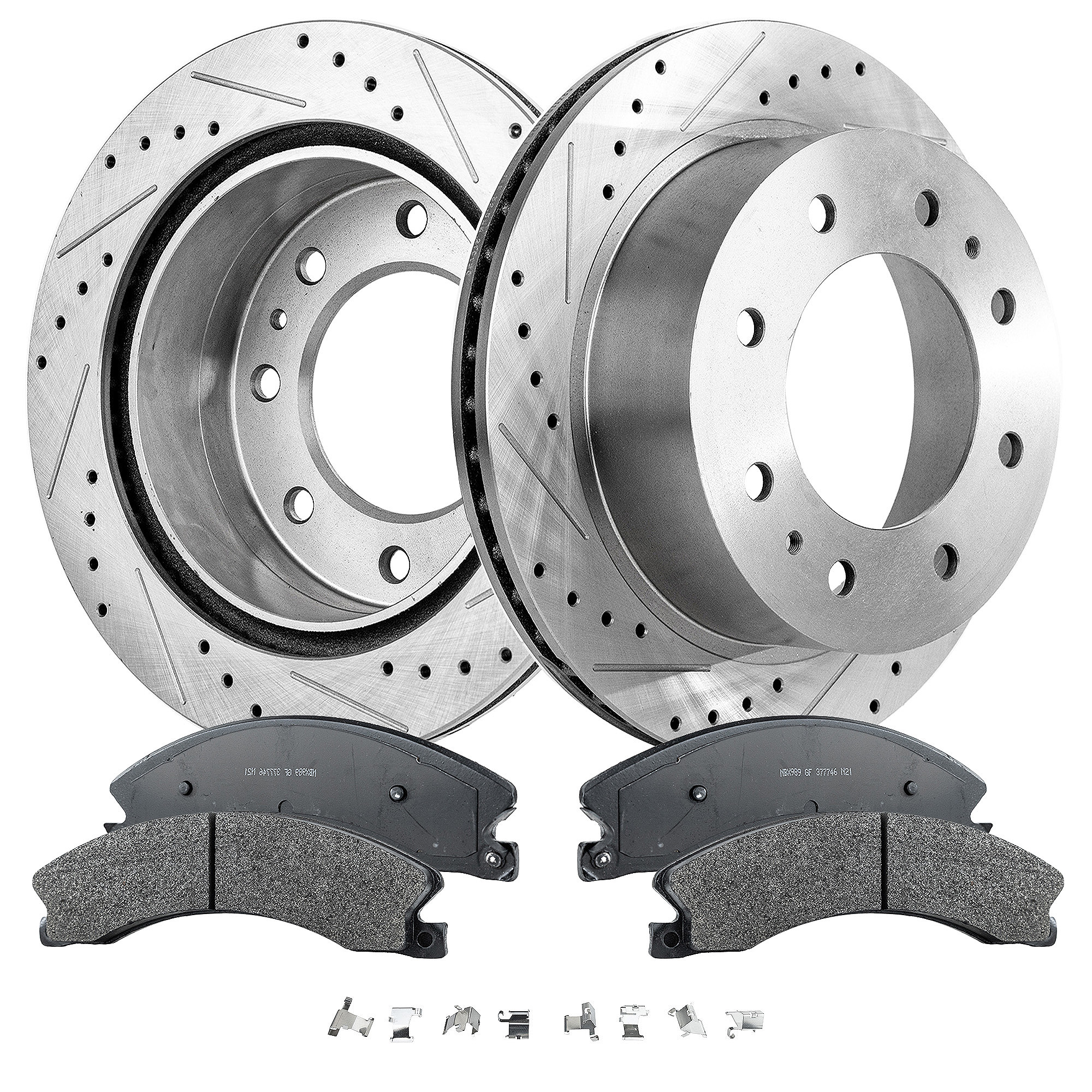 AM SILVERADO SIERRA 2500 HD 3500 HD 11-19 REAR BRAKE DISC AND PAD KIT 4 pc Kit Cross drilled and Slotted 8 Lugs Cast Iron Semi Metallic SKU KIT 030823-06 OEM 41269-55192-850228-901028-6004