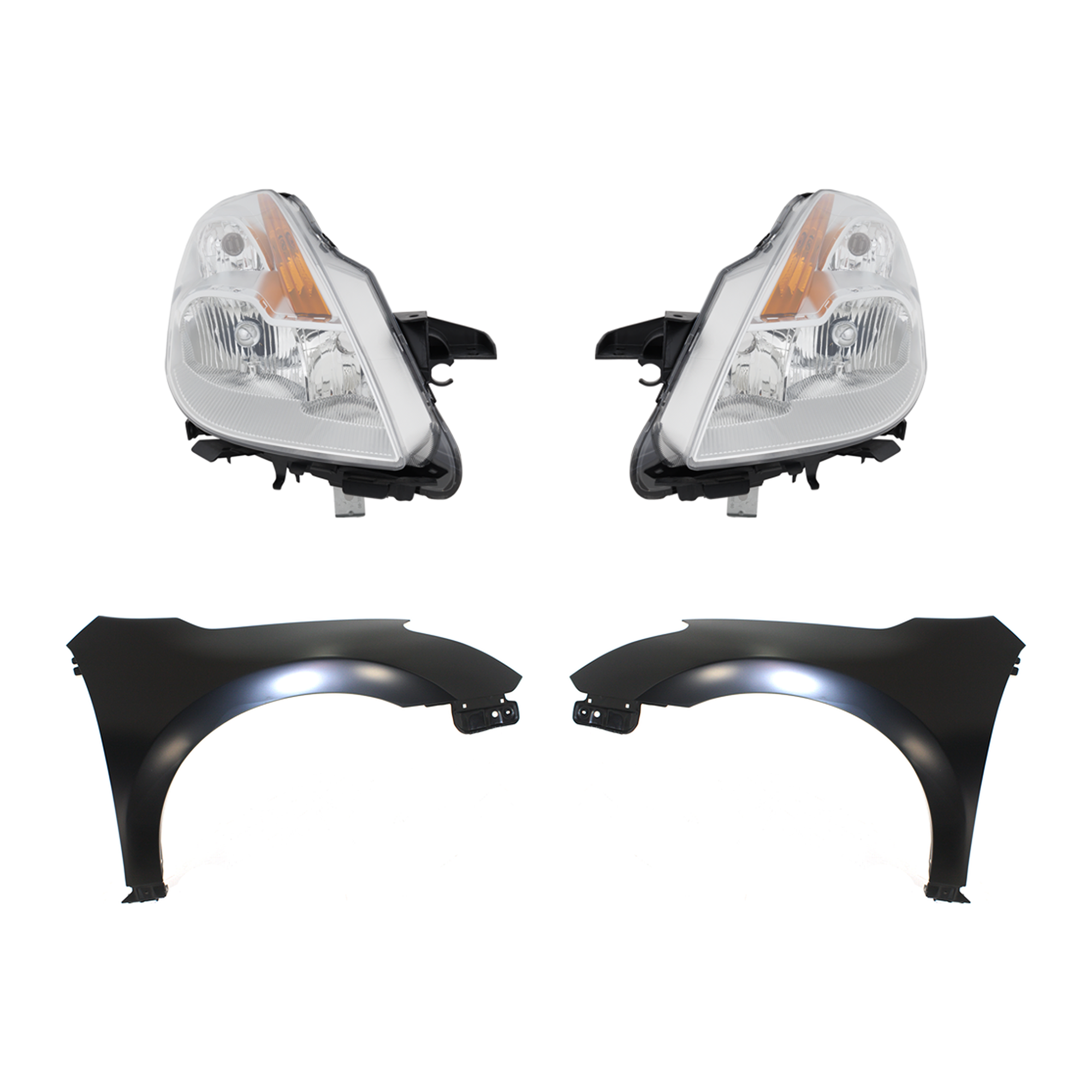 AM ALTIMA 08-09 HEAD LAMP RH AND LH Lens and Housing Halogen 4 pc Kit with Fender SKU KIT 030823-10003 Partslink NI2505119 NI1240195 NI1241195 OEM 26060JB10A 26010JB10A 63101ZN6