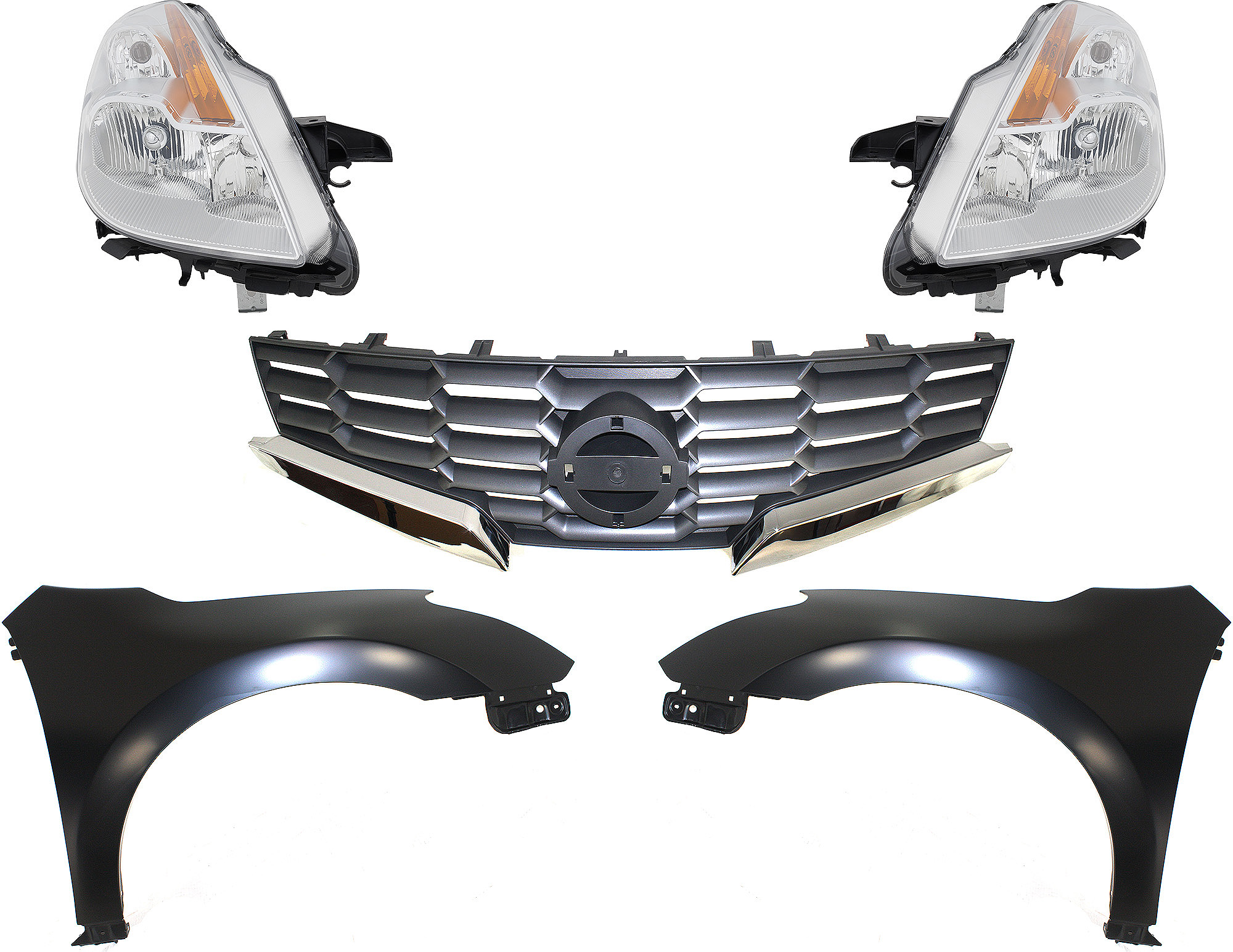 AM ALTIMA 08-08 HEAD LAMP RH AND LH Lens and Housing Halogen 5 pc Kit with Fenders and Grille Assembly SKU KIT 030823-100 Partslink NI2505119 NI1241195 NI1240195 NI1200225 OEM 26060JB10A 26010JB10A 63100ZN6
