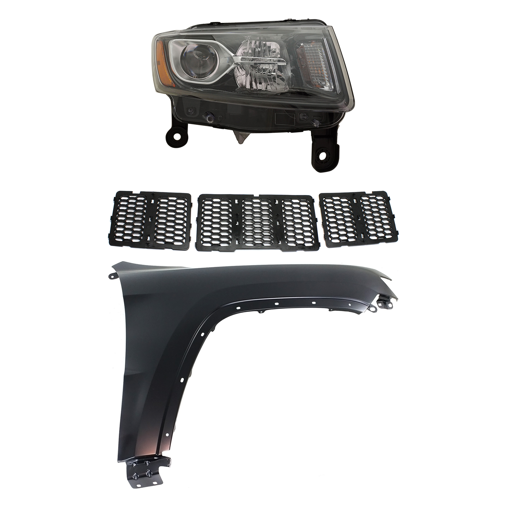 AM GRAND CHEROKEE 14-16 HEAD LAMP RH Assembly Halogen 3 pc Kit with Fender and Grille Assembly SKU KIT 030823-10801 Partslink CH2503308 CH1241272 CH1200377 OEM 68236108AE 55369596AF 68143074