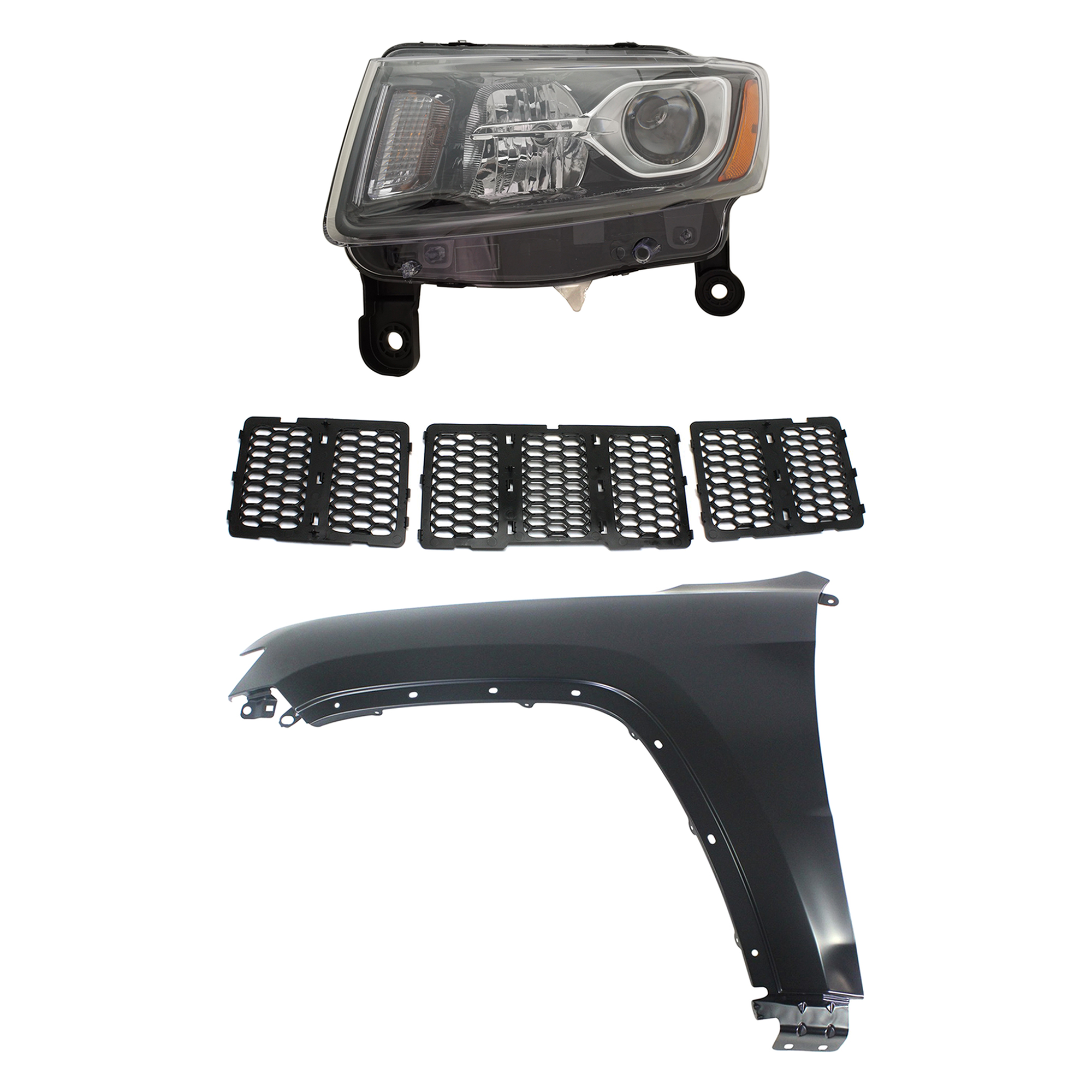 AM GRAND CHEROKEE 14-16 HEAD LAMP LH Assembly Halogen 3 pc Kit with Fender and Grille Assembly SKU KIT 030823-10802 Partslink CH2502308 CH1240272 CH1200377 OEM 68236109AE 55369597AF 68143074