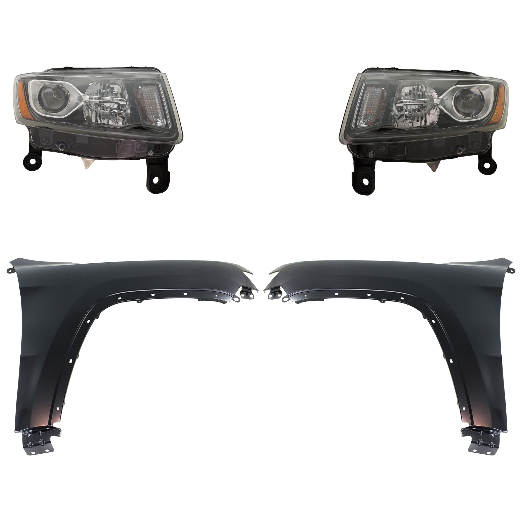 AM GRAND CHEROKEE 14-16 HEAD LAMP RH AND LH Assembly Halogen 4 pc Kit with Fenders SKU KIT 030823-10803 Partslink CH2502308 CH2503308 CH1240272 CH1241272 OEM 68236108AE 68236109AE 55369597