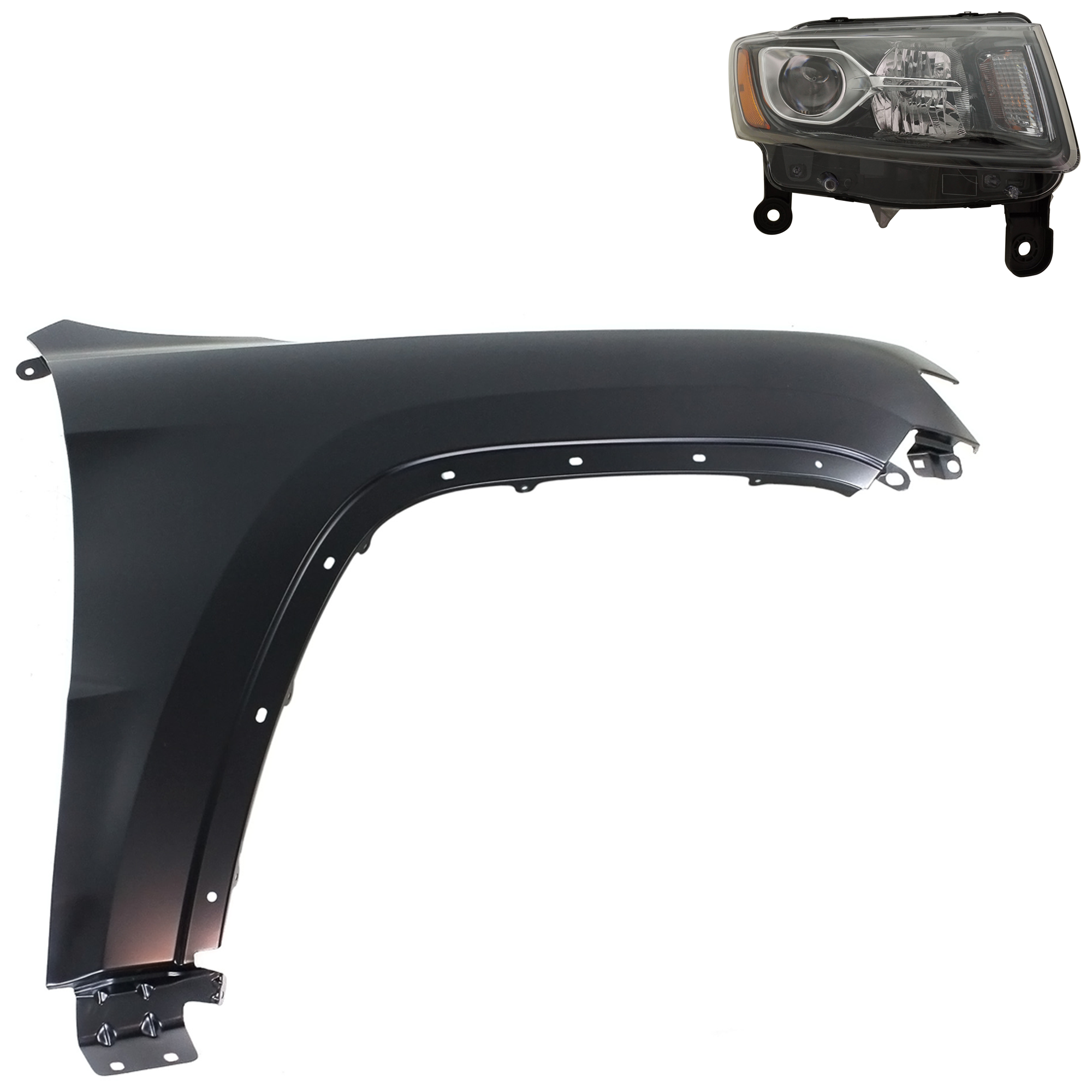 AM GRAND CHEROKEE 14-16 HEAD LAMP RH Assembly Halogen 2 pc Kit with Fender SKU KIT 030823-10804 Partslink CH2503308 CH1241272 OEM 68236108AE 55369596AF