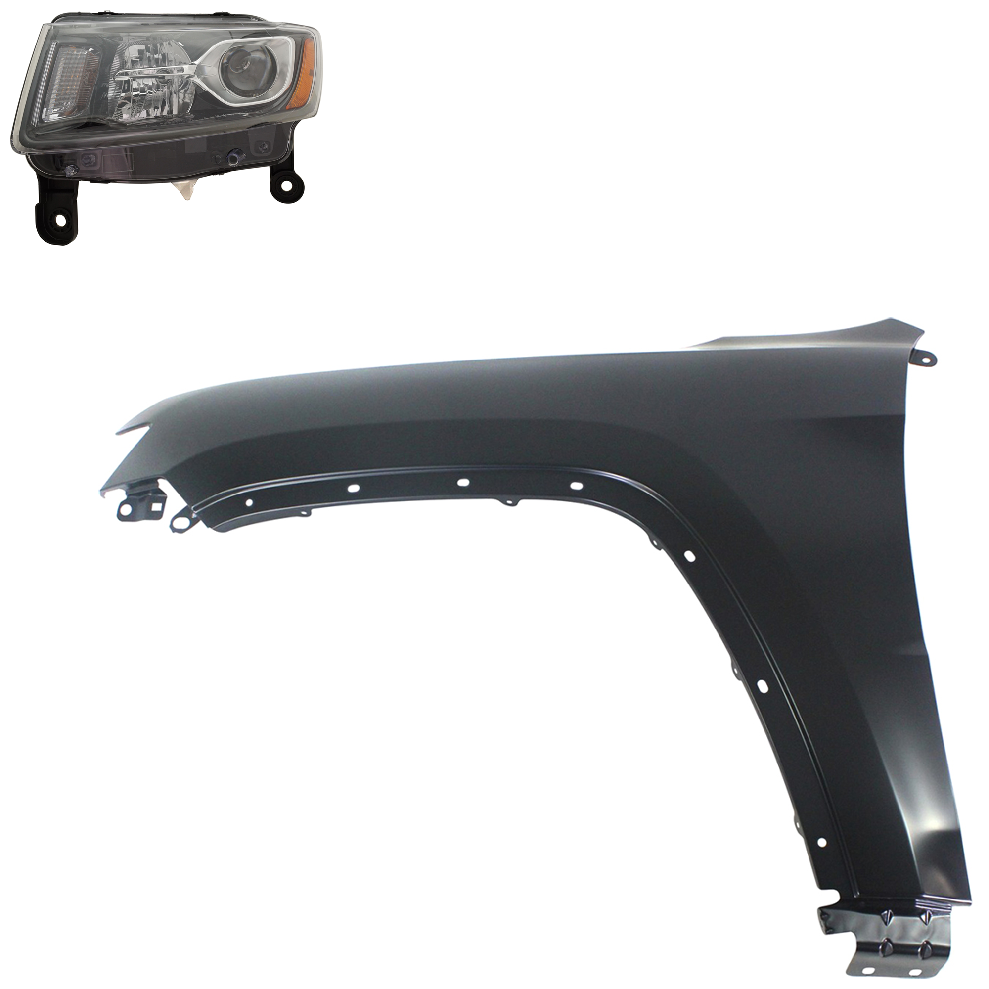 AM GRAND CHEROKEE 14-16 HEAD LAMP LH Assembly Halogen 2 pc Kit with Fender SKU KIT 030823-10805 Partslink CH2502308 CH1240272 OEM 68236109AE 55369597AF