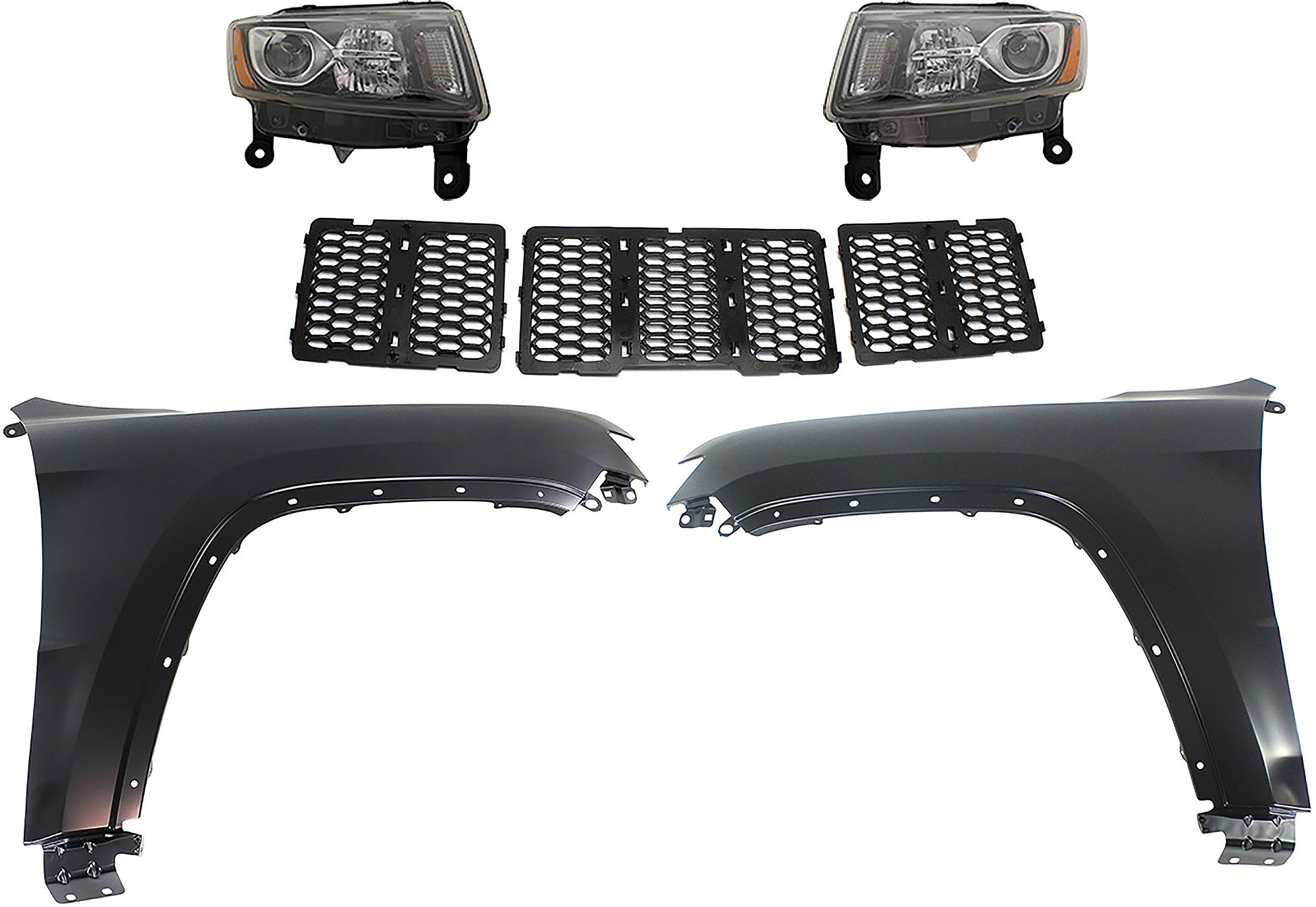 AM GRAND CHEROKEE 14-16 HEAD LAMP RH AND LH Assembly Halogen 5 pc Kit with Fenders and Grille Assembly SKU KIT 030823-108 Partslink CH2502308 CH2503308 CH1240272 CH1241272 CH1200377 OEM 68236108AE 68236109AE 55369597